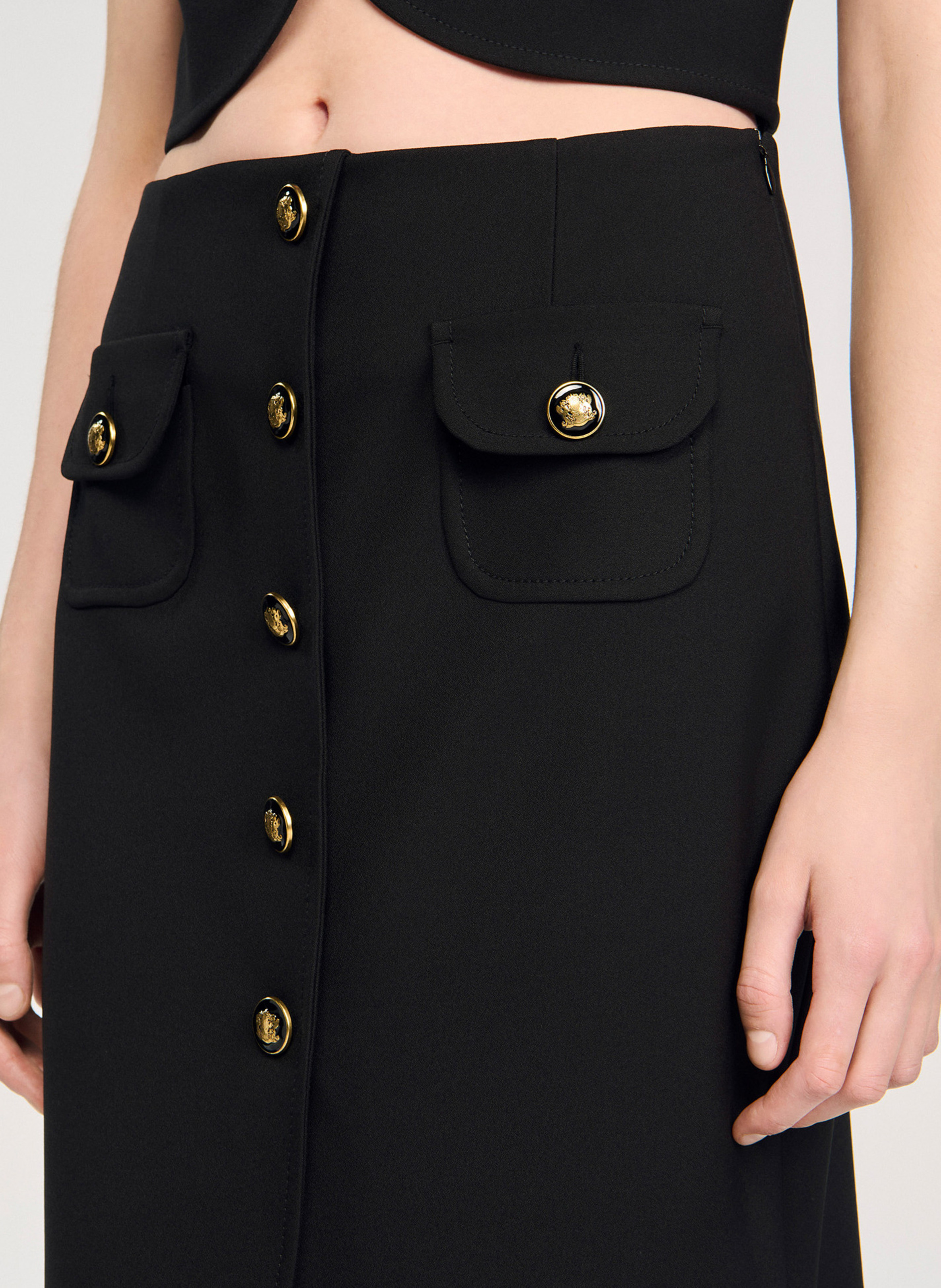 Jupe midi boutonnée en suède SANDRO Noir