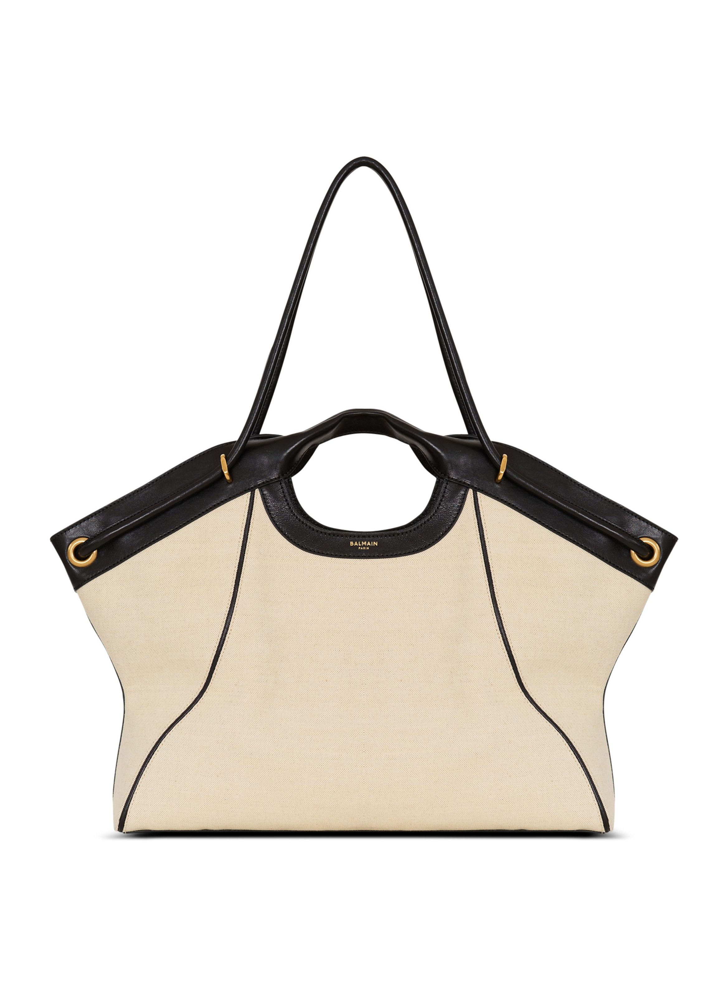 Sac cabas tote large en toile et cuir lisse BALMAIN Beige
