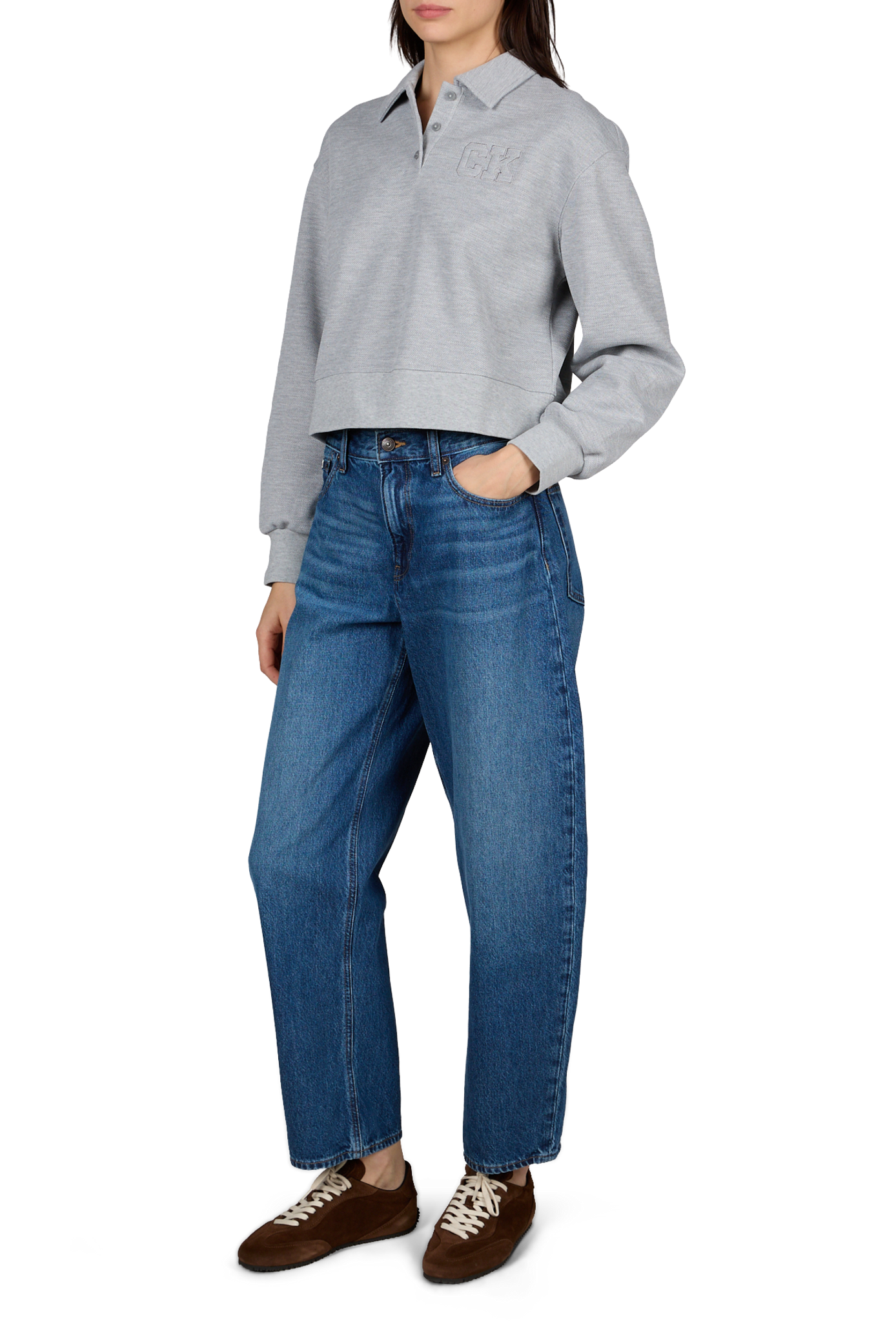 Pull ample court à col polo CALVIN KLEIN Gris