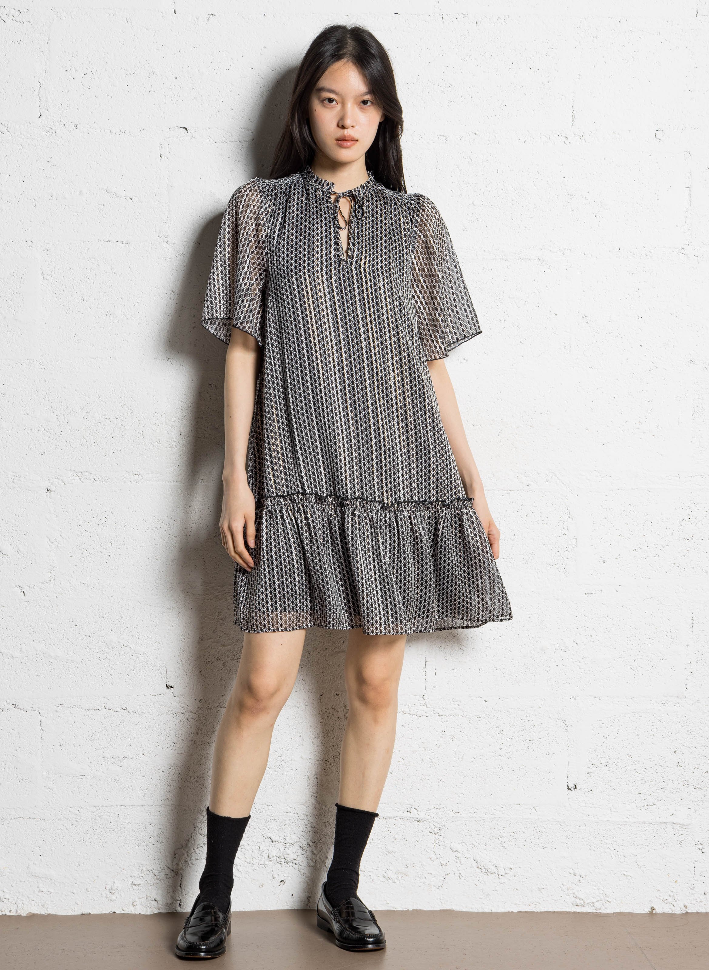Robe courte col collerette imprimé graphique IKKS Noir