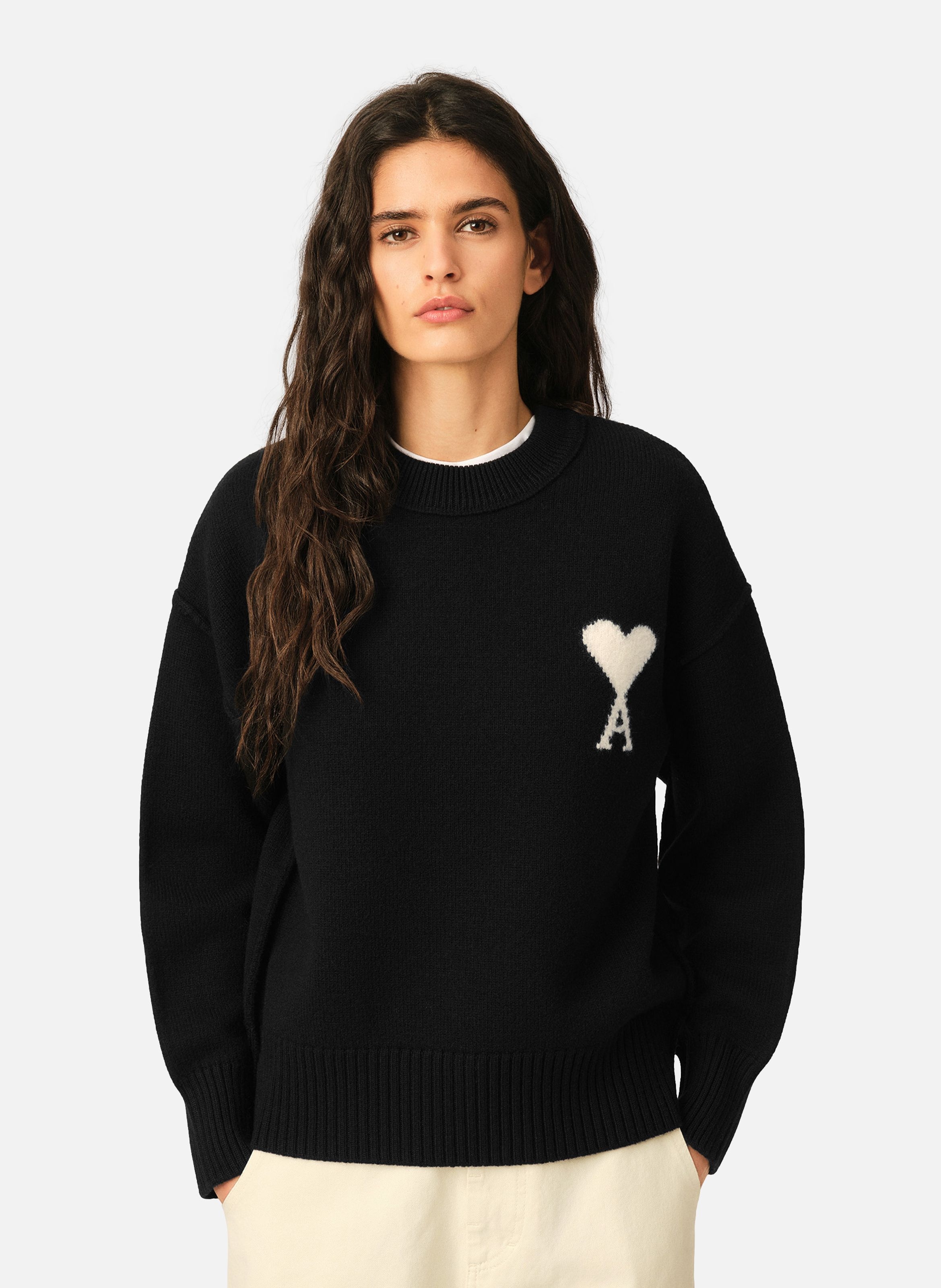 Pull col rond ami de coeur en laine unisexe AMI PARIS Noir