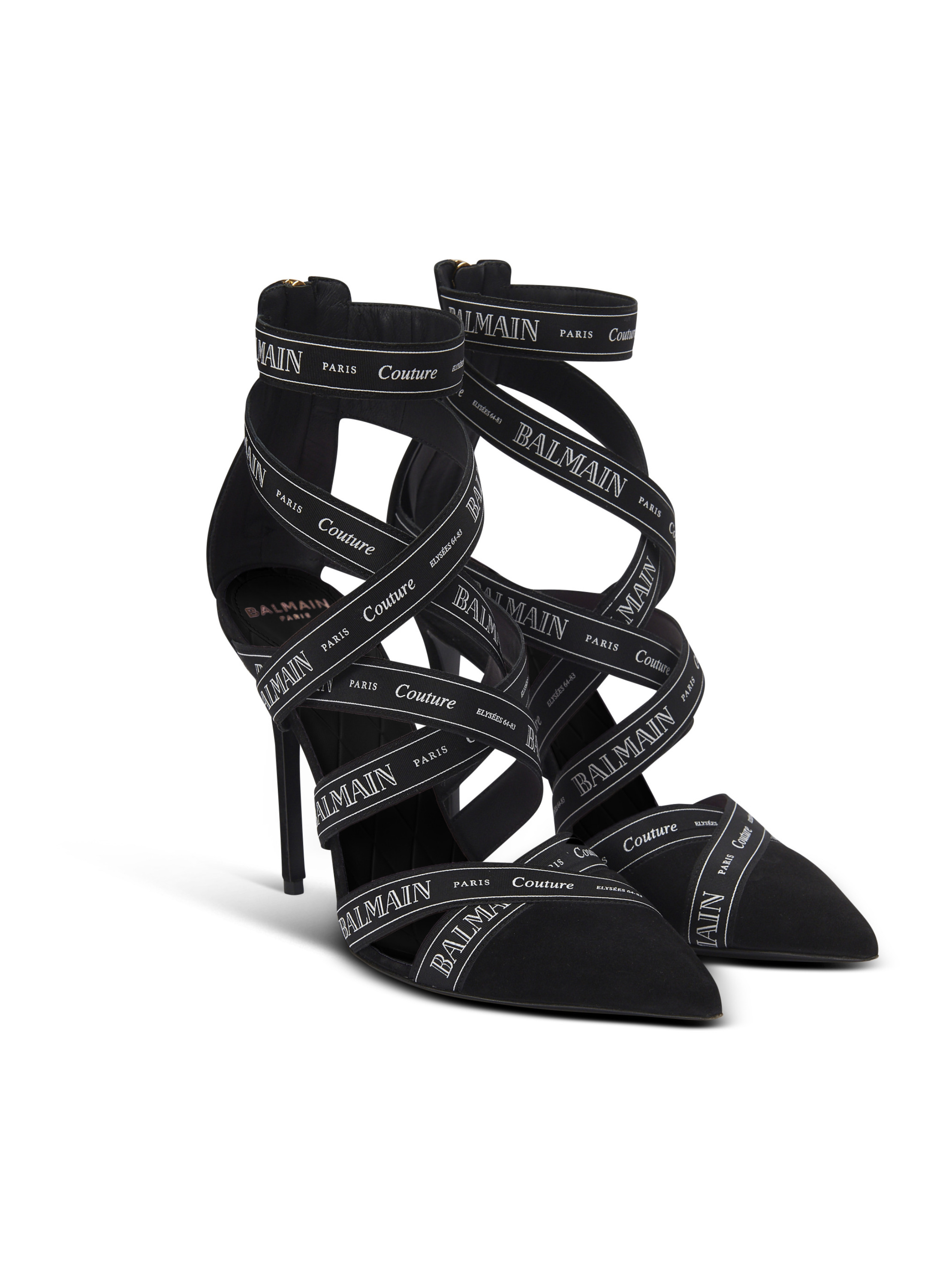 Sandales couture en cuir suédé à motif ruban balmain Noir