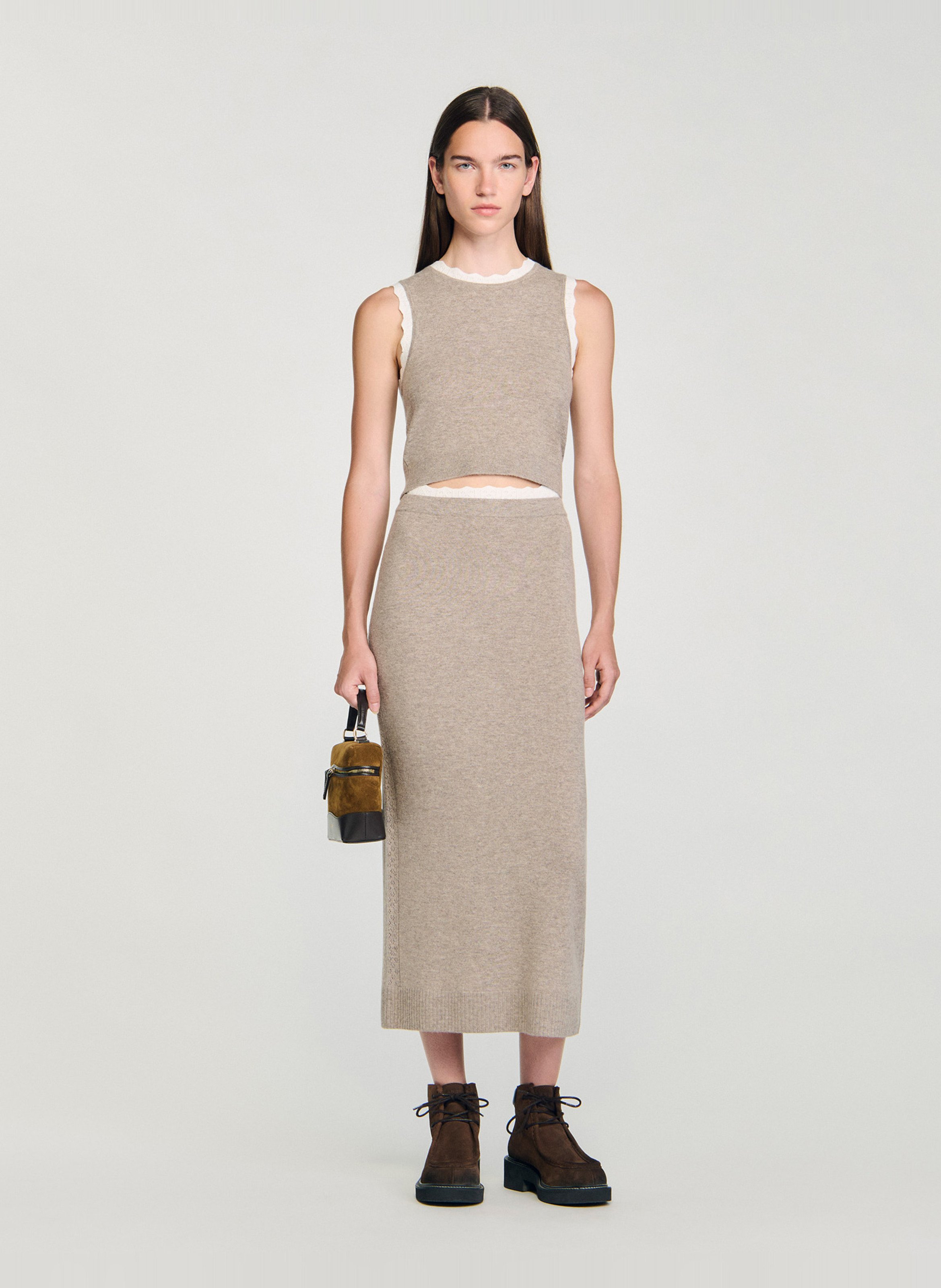 Jupe midi droite en laine mélangée SANDRO Beige