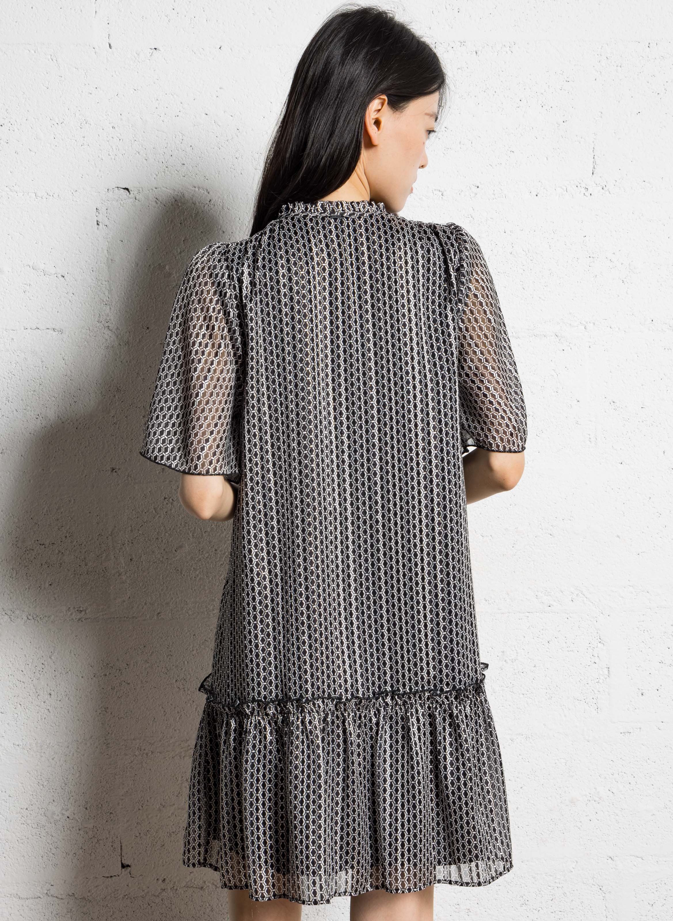 Robe courte col collerette imprimé graphique IKKS Noir