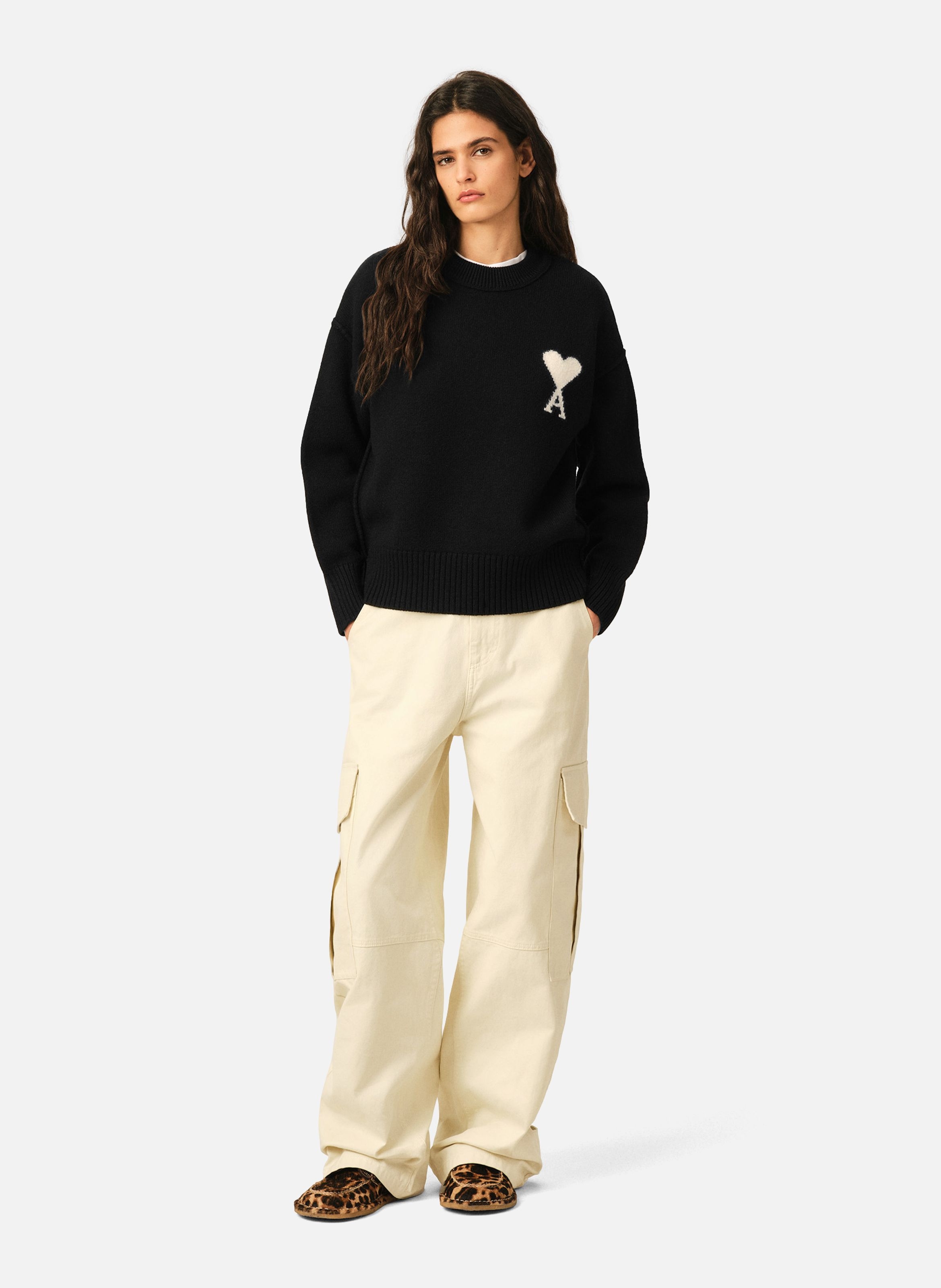 Pull col rond ami de coeur en laine unisexe AMI PARIS Noir