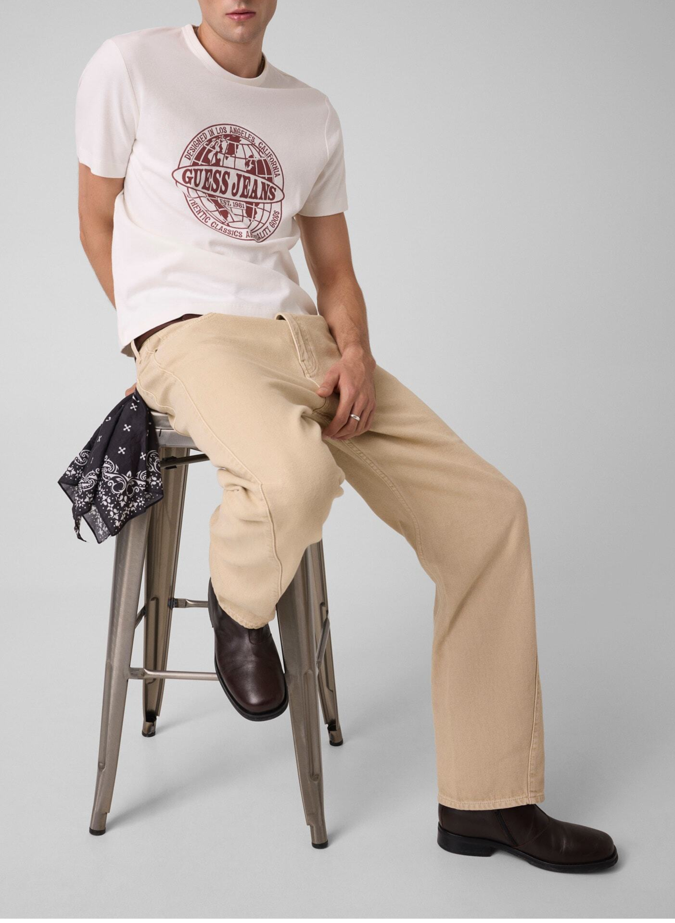 T-shirt droit col rond imprimé en coton GUESS Blanc