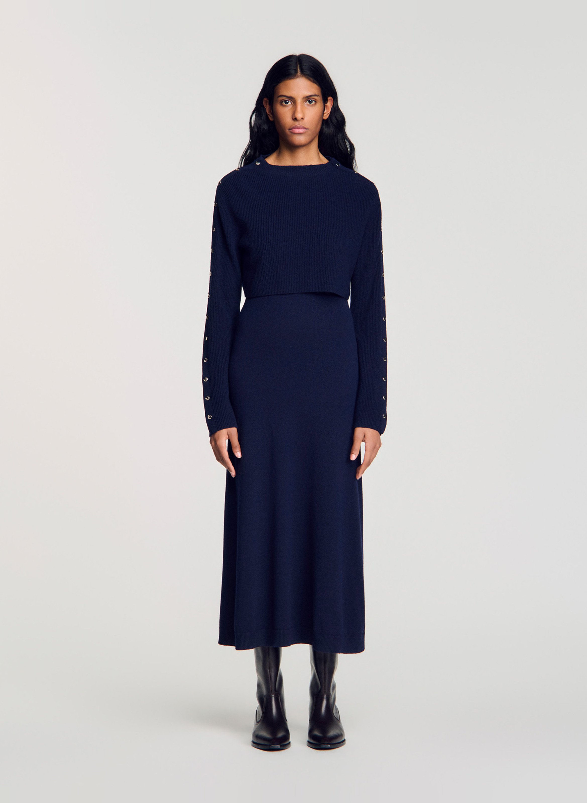 Robe ample col rond en laine et cachemire SANDRO Bleu
