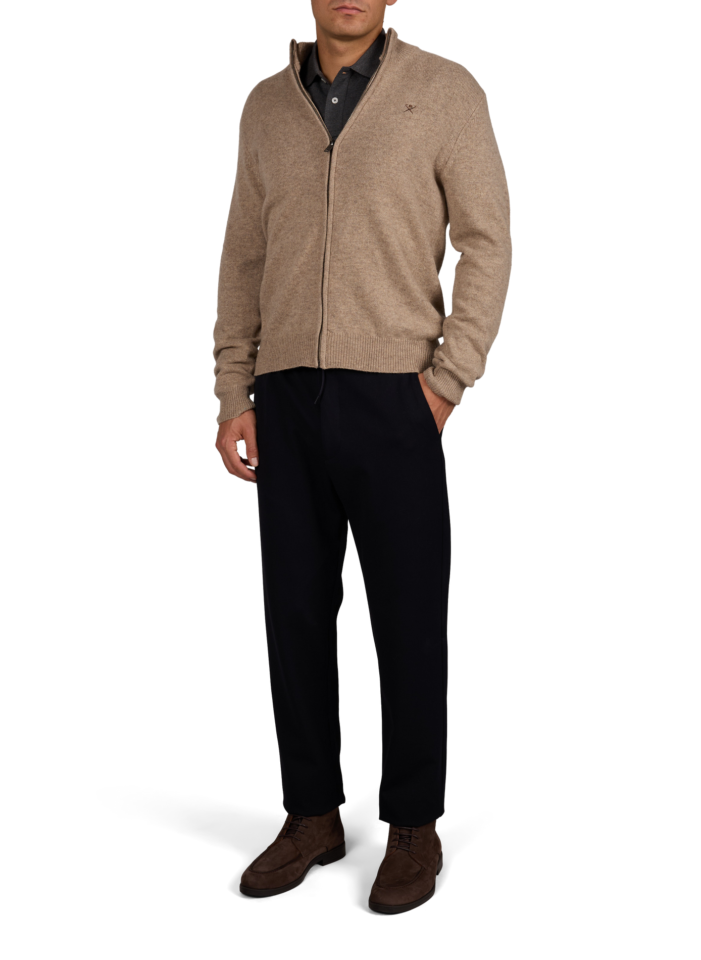 Zip-up wool cardigan with a stand-up collar HACKETT Beige