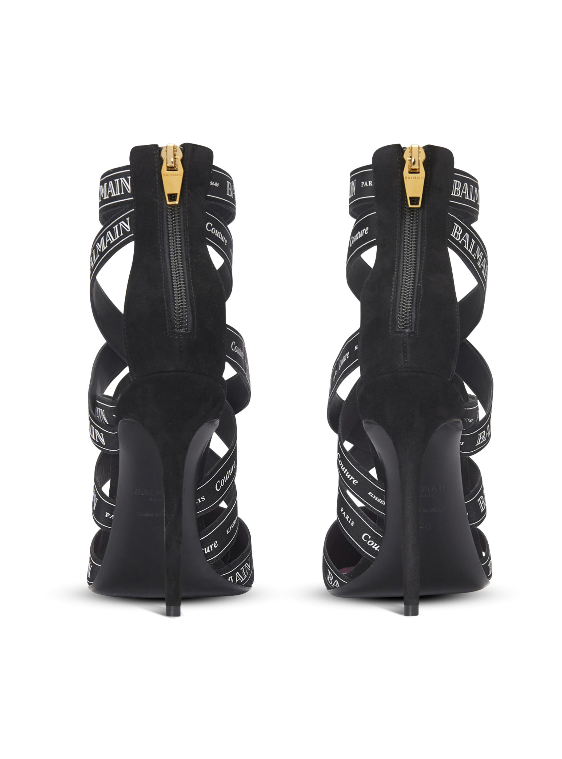 Sandales couture en cuir suédé à motif ruban balmain Noir