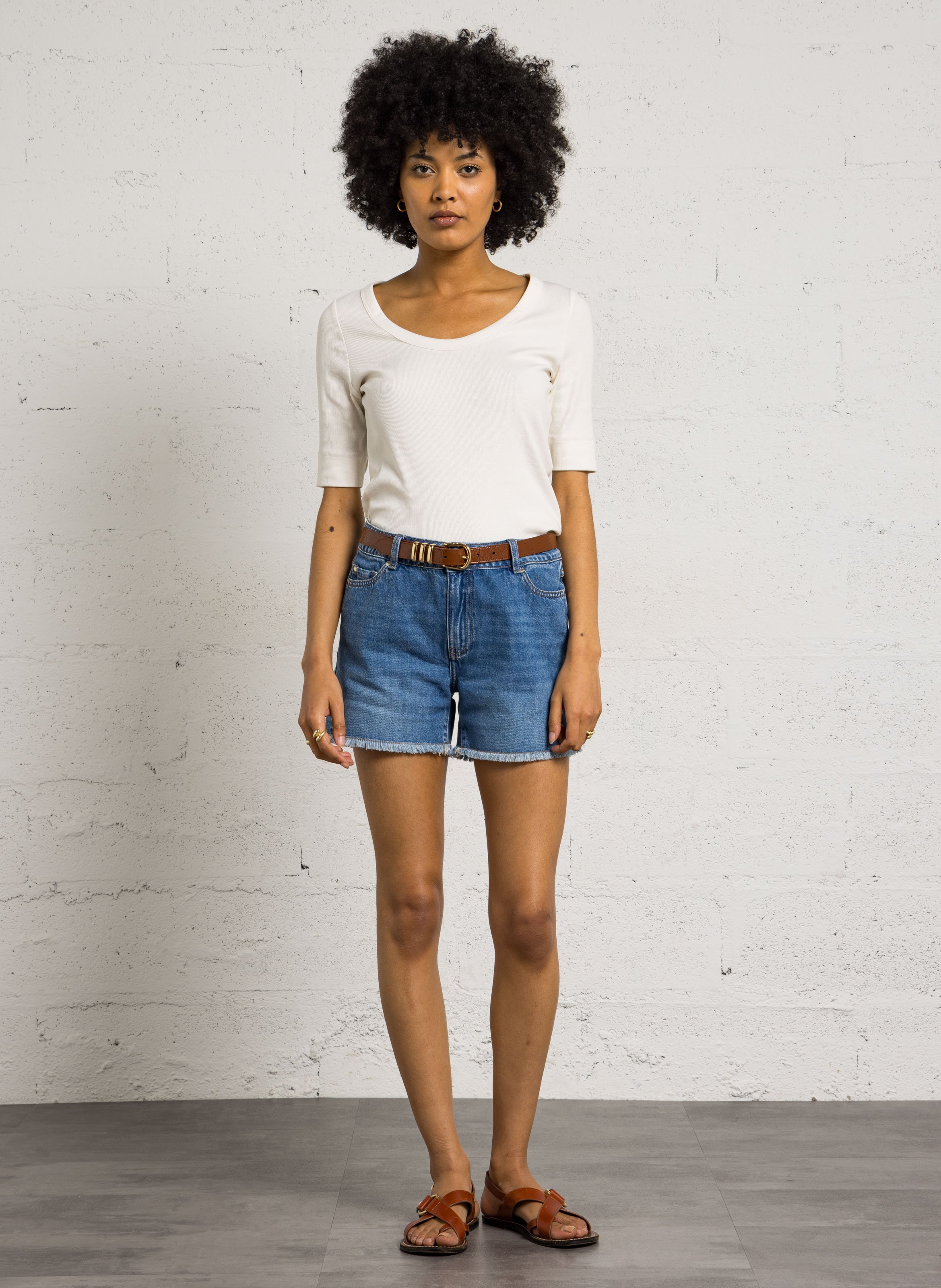 Tee-shirt col rond en coton mélangé lana Blanc