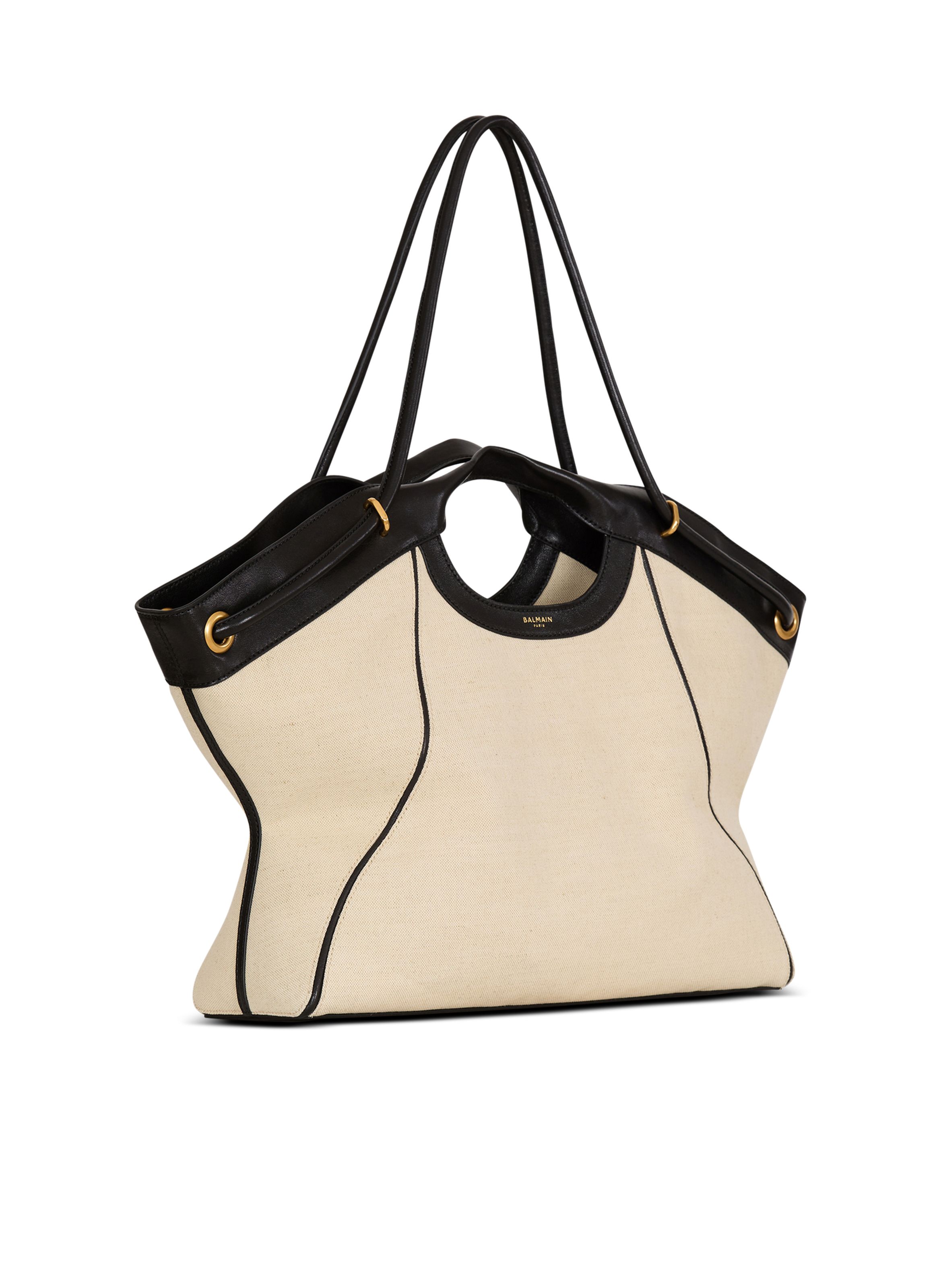 Sac cabas tote large en toile et cuir lisse BALMAIN Beige