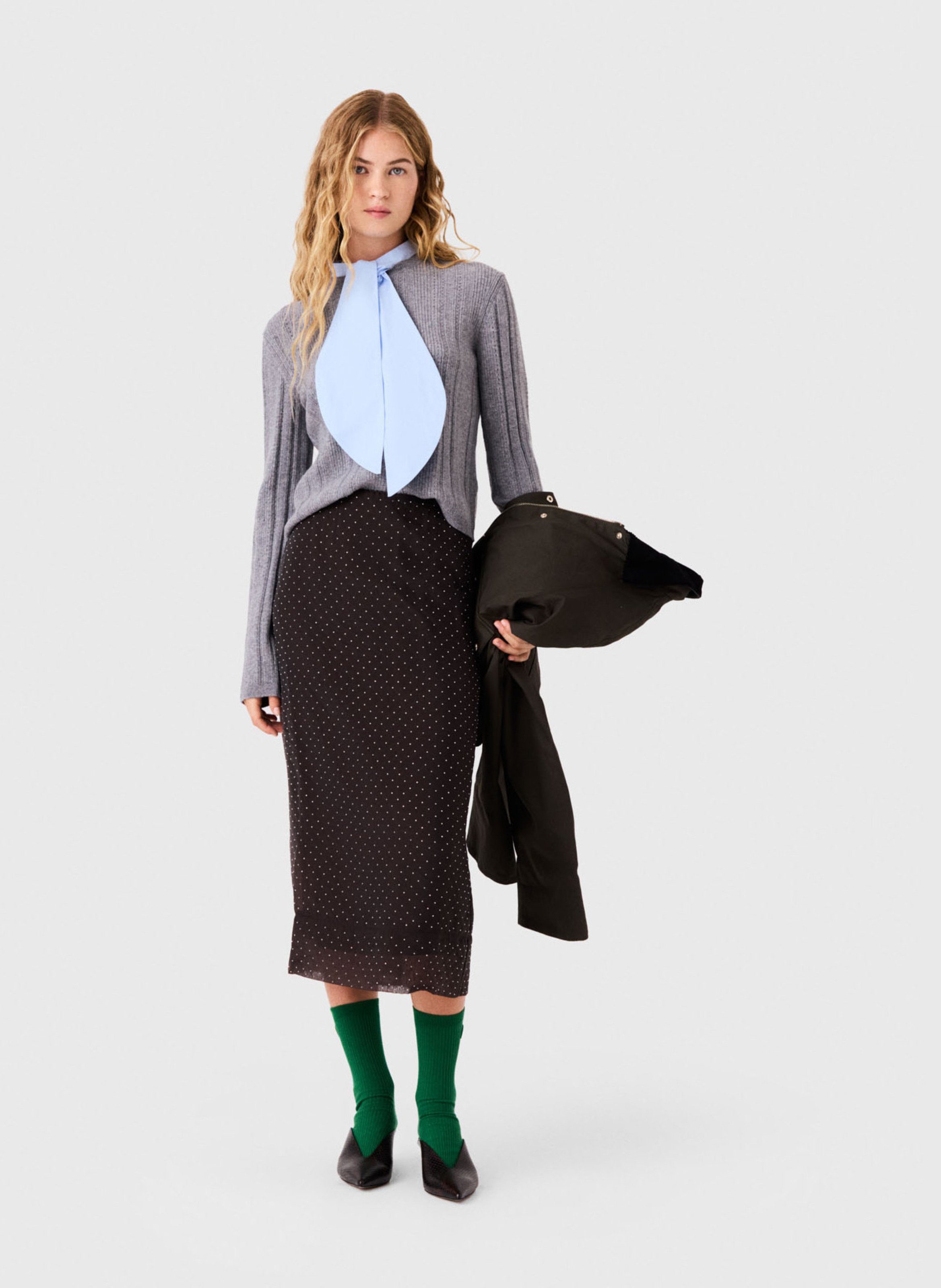 Jupe midi droit à pois MAJE Marron