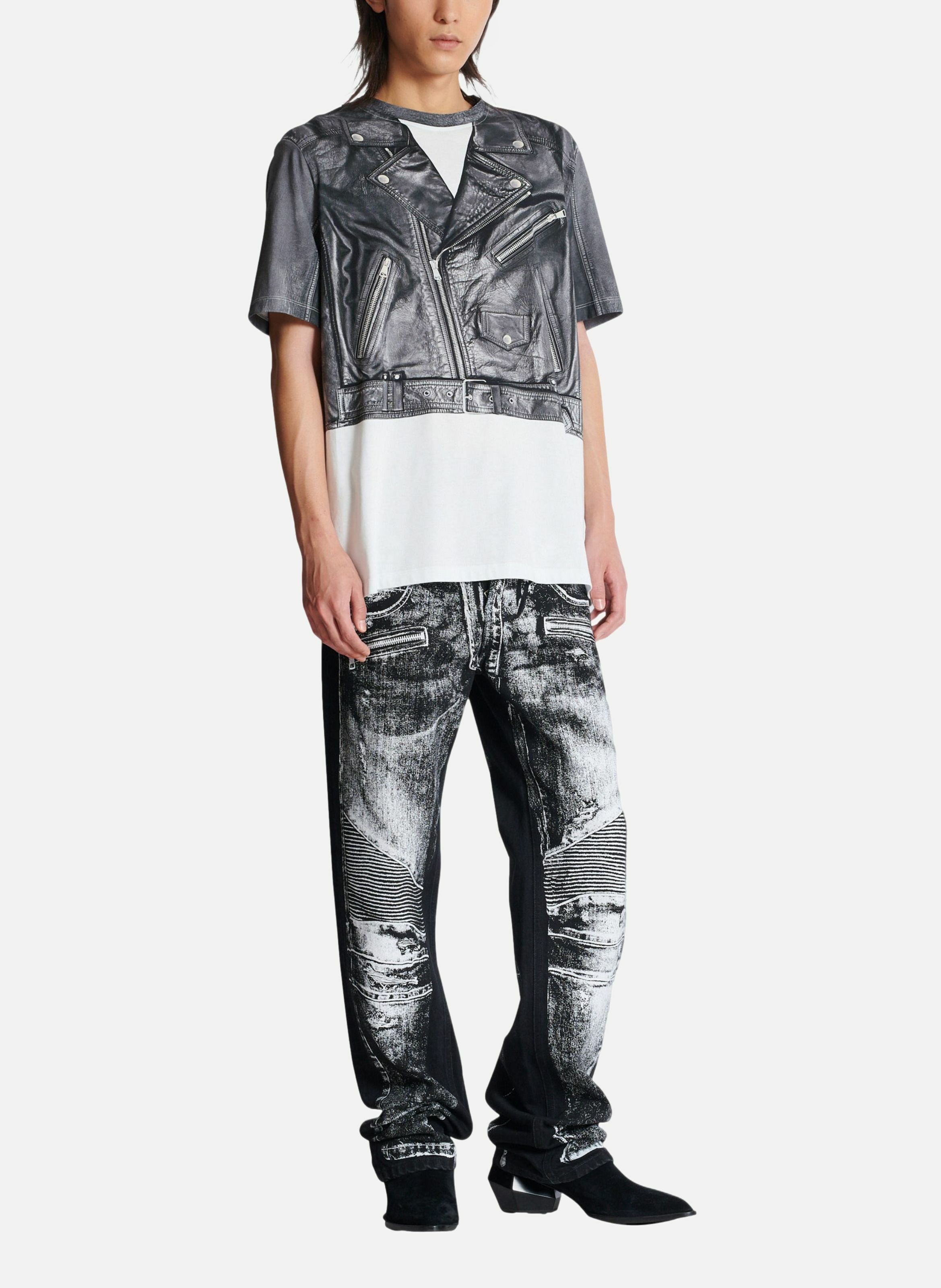 T-shirt imprimé trompe-l’œil veste biker BALMAIN Noir