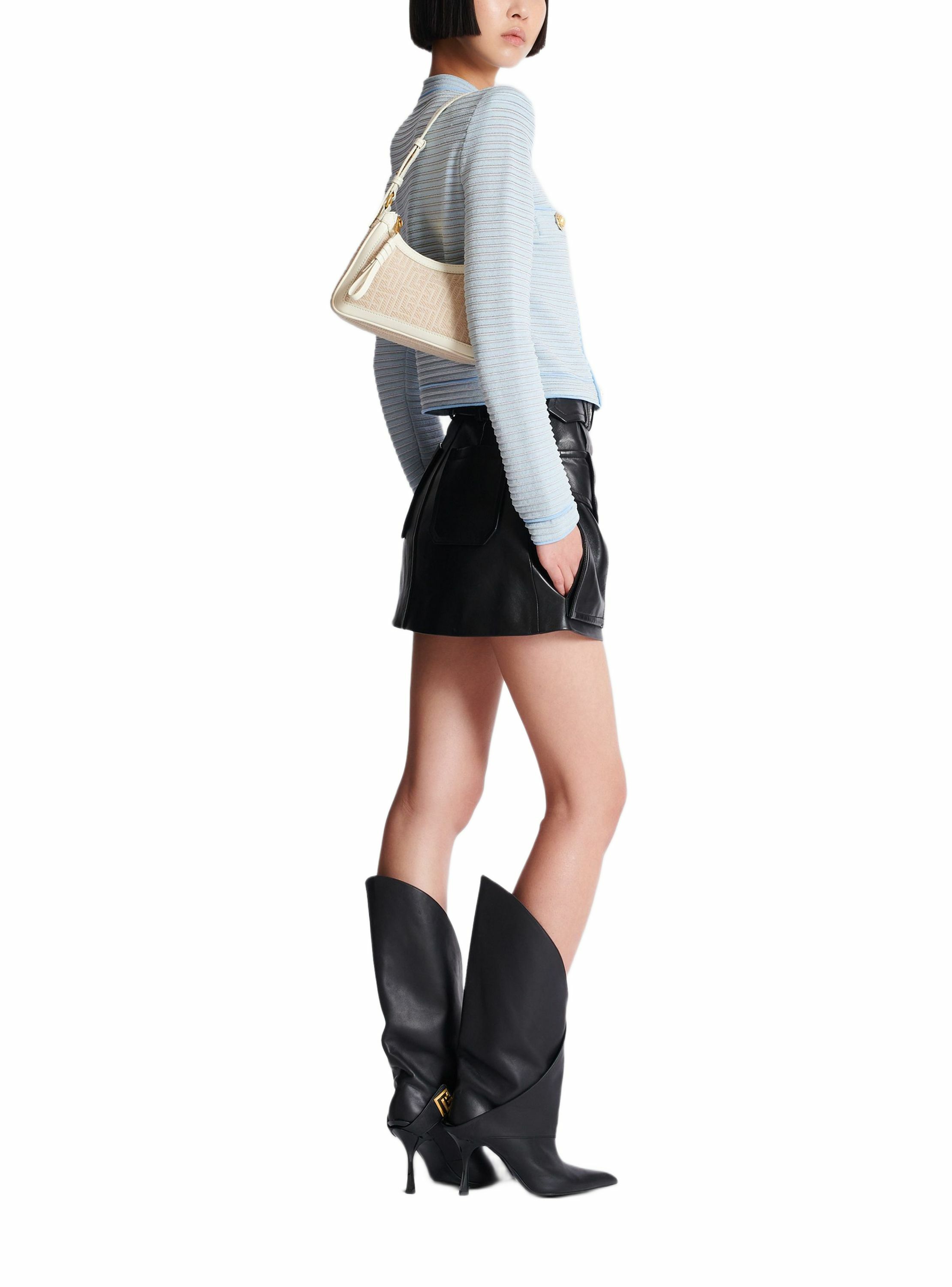 Sac b-army shoulder en toile jacquard monogrammée et cuir BALMAIN Beige