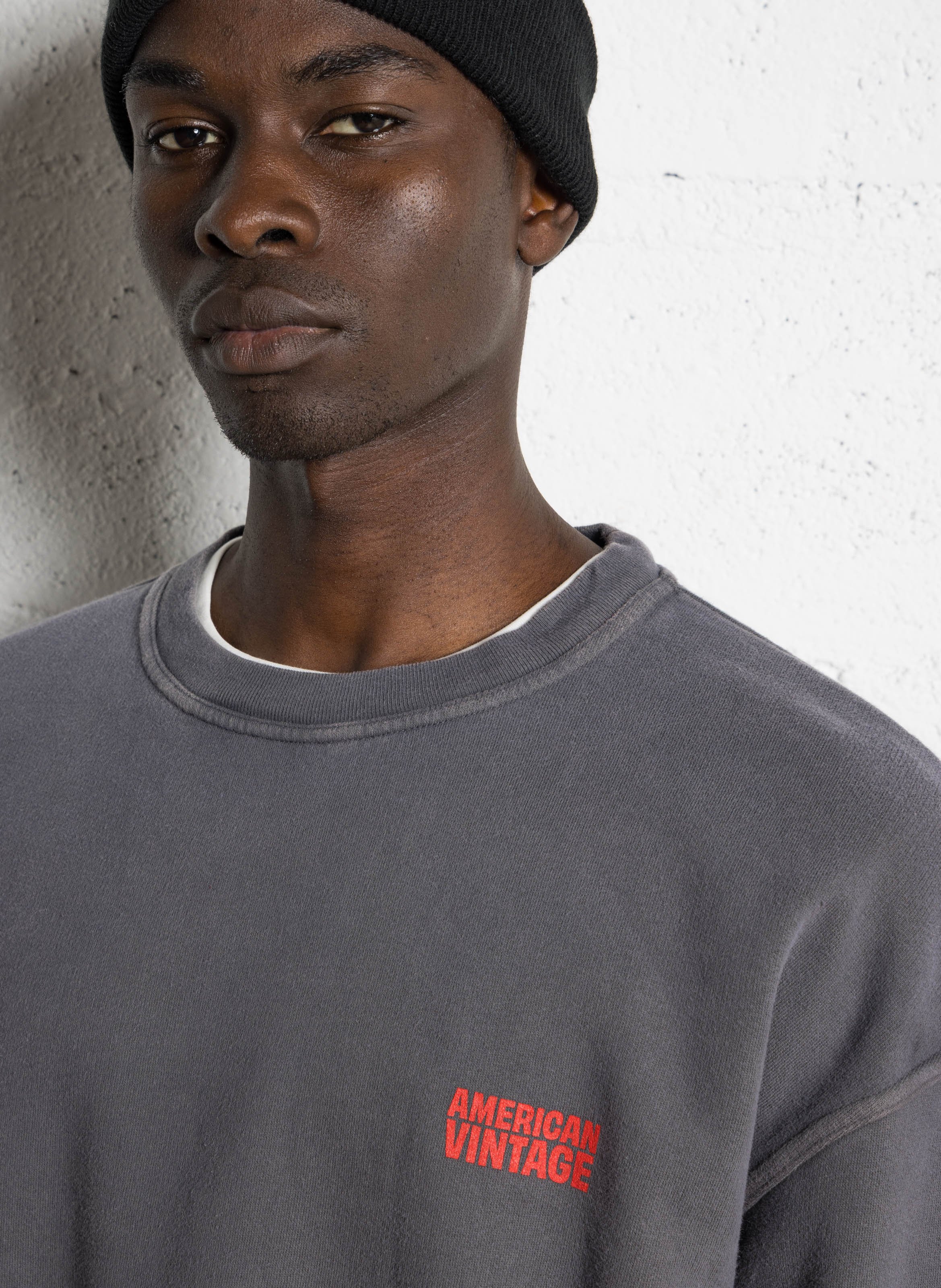 Sweat ample col rond sérigraphié en coton plizzy AMERICAN VINTAGE Gris