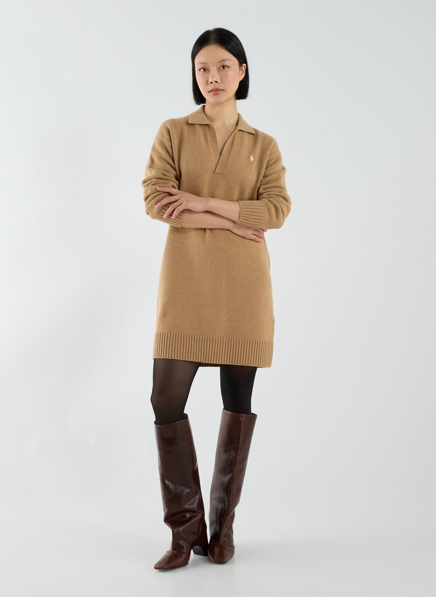 Robe côtelée à manches longues en laine et coton mélangés POLO RALPH LAUREN Marron