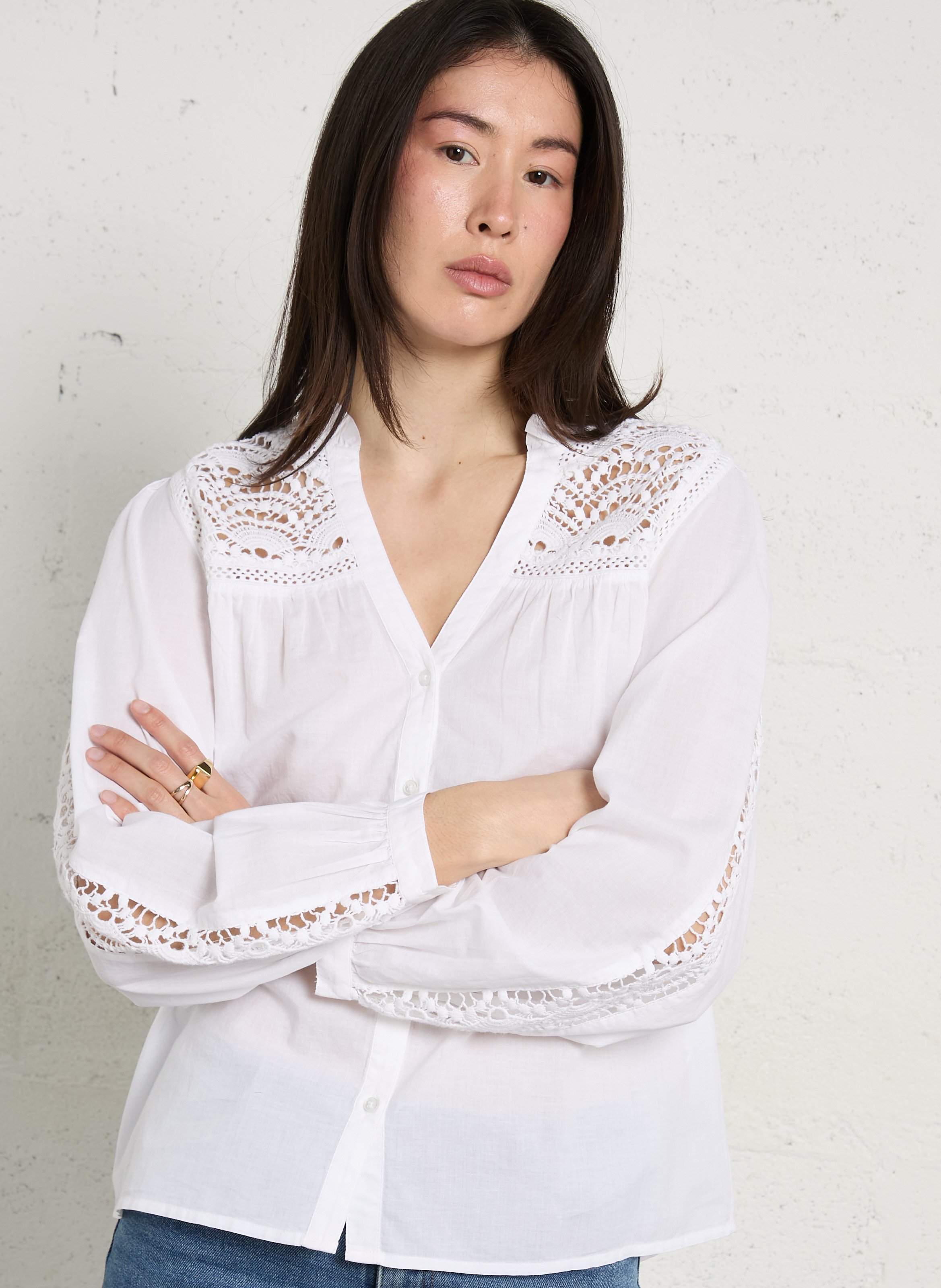 Chemisier col v à broderies ajourées daisy MAISON 123 Blanc
