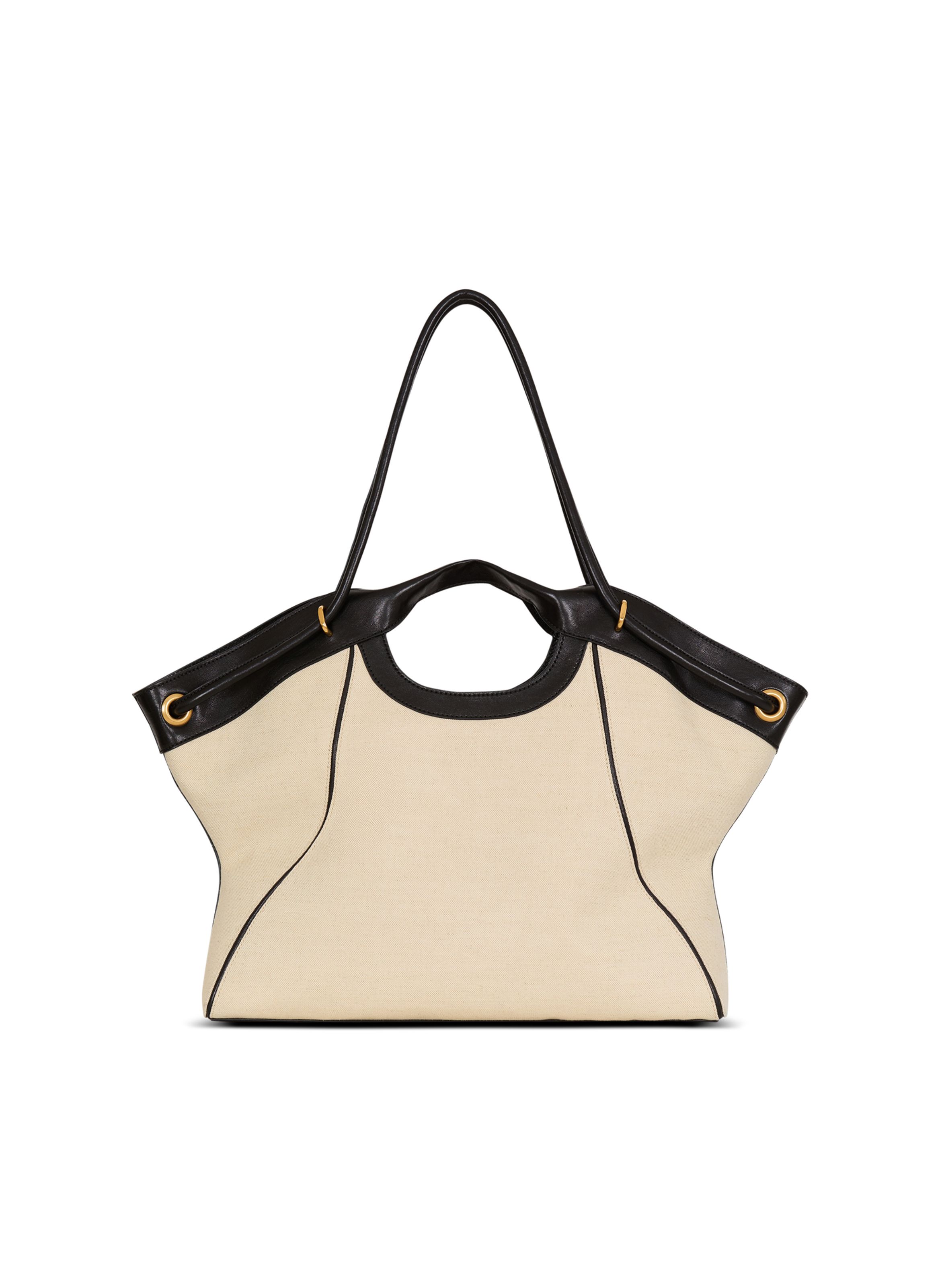 Sac cabas tote large en toile et cuir lisse BALMAIN Beige