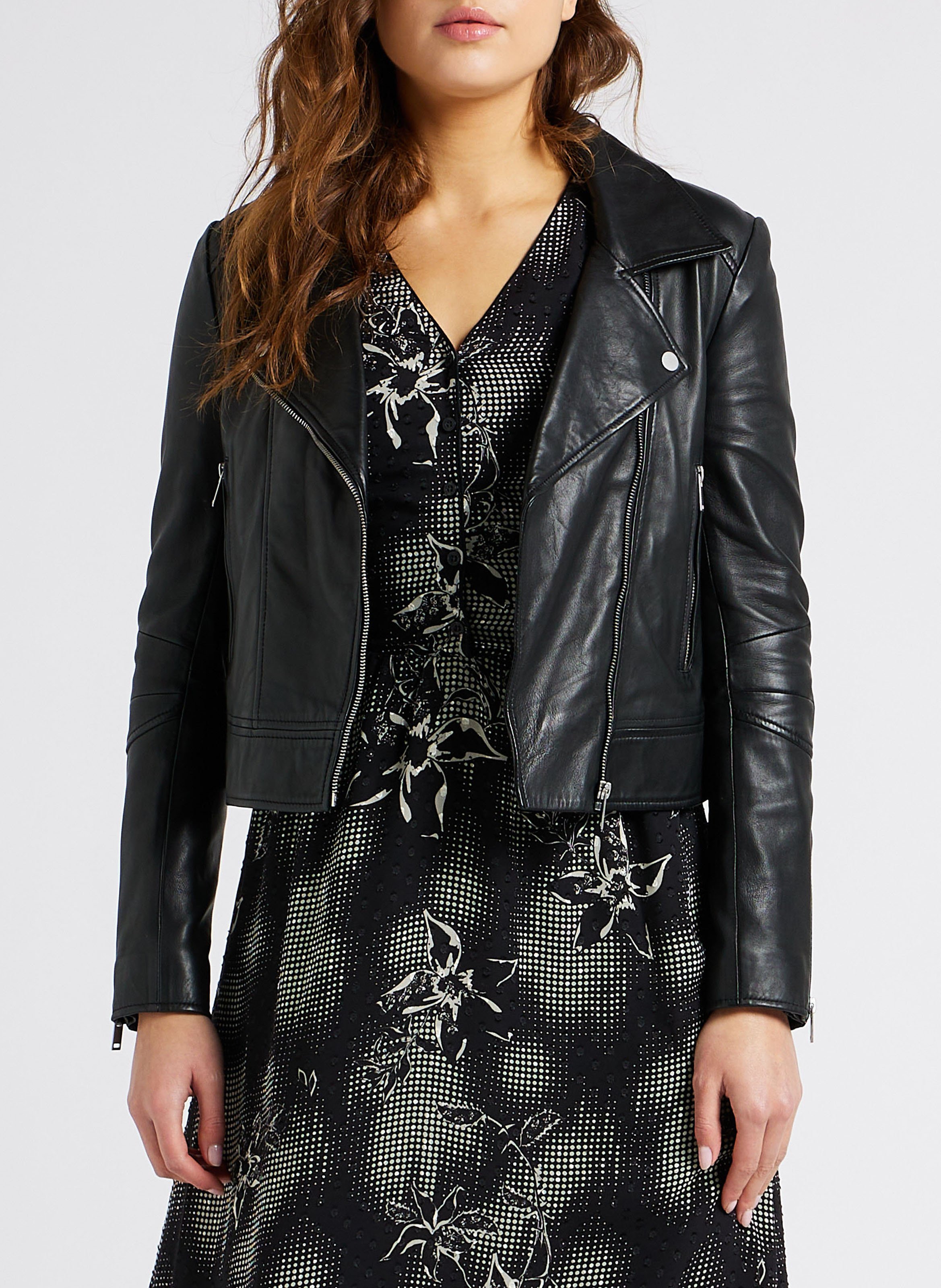 Blouson court zippé en cuir d'agneau IKKS Noir