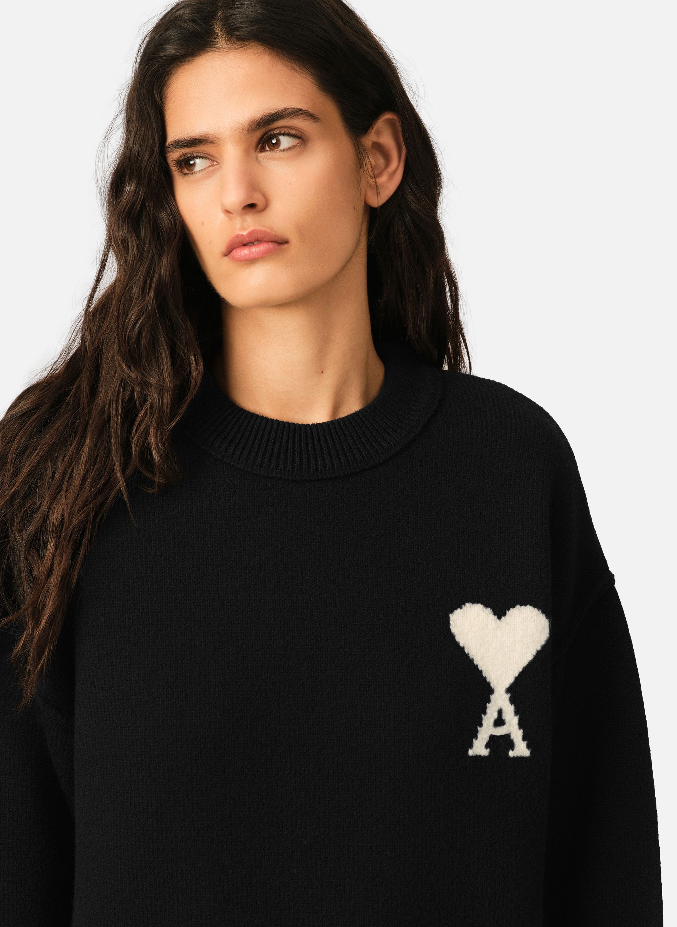 Pull col rond ami de coeur en laine unisexe AMI PARIS Noir