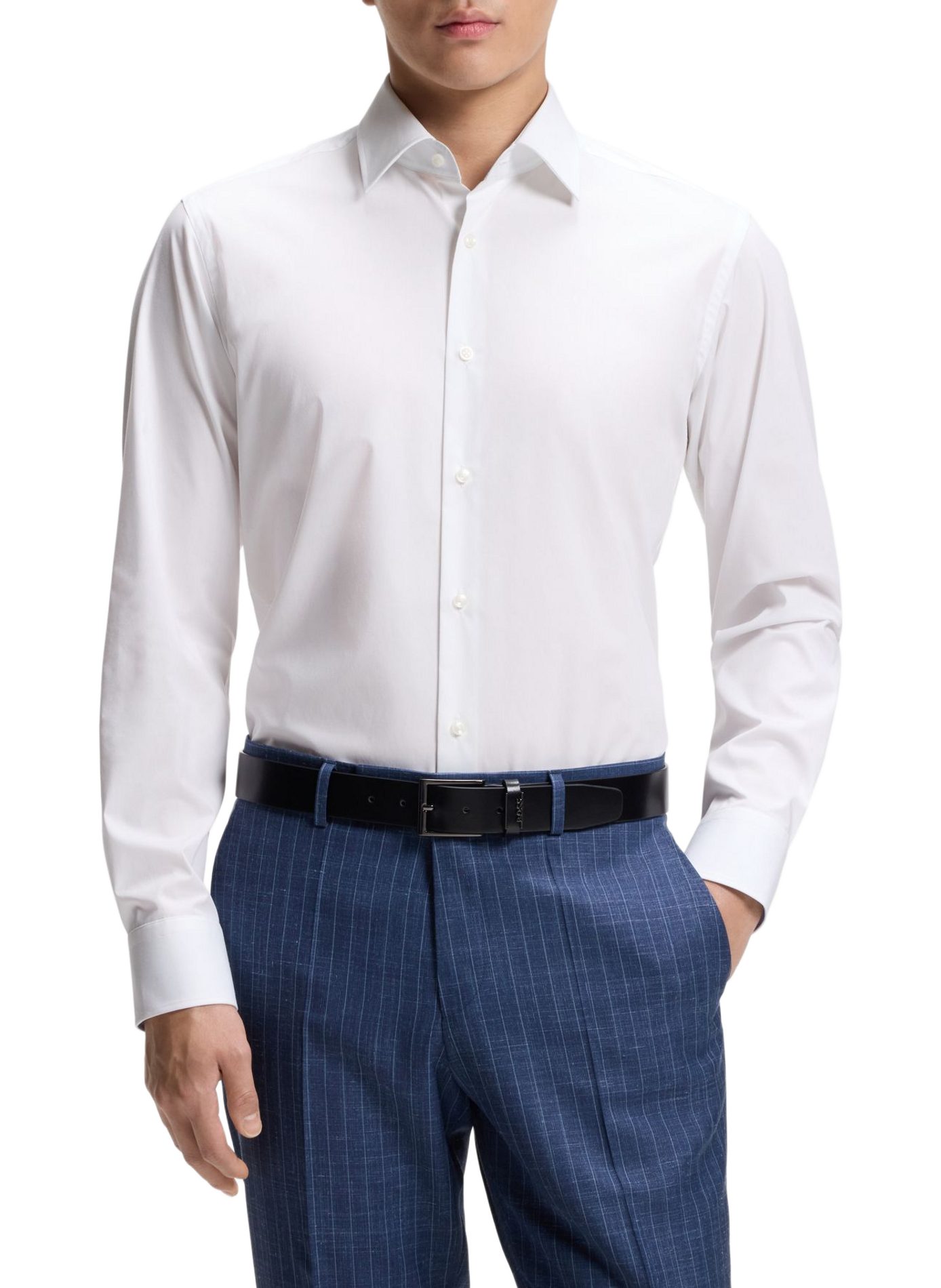 Camisa recta lisa de manga larga en algodón mezclado. BOSS Blanco