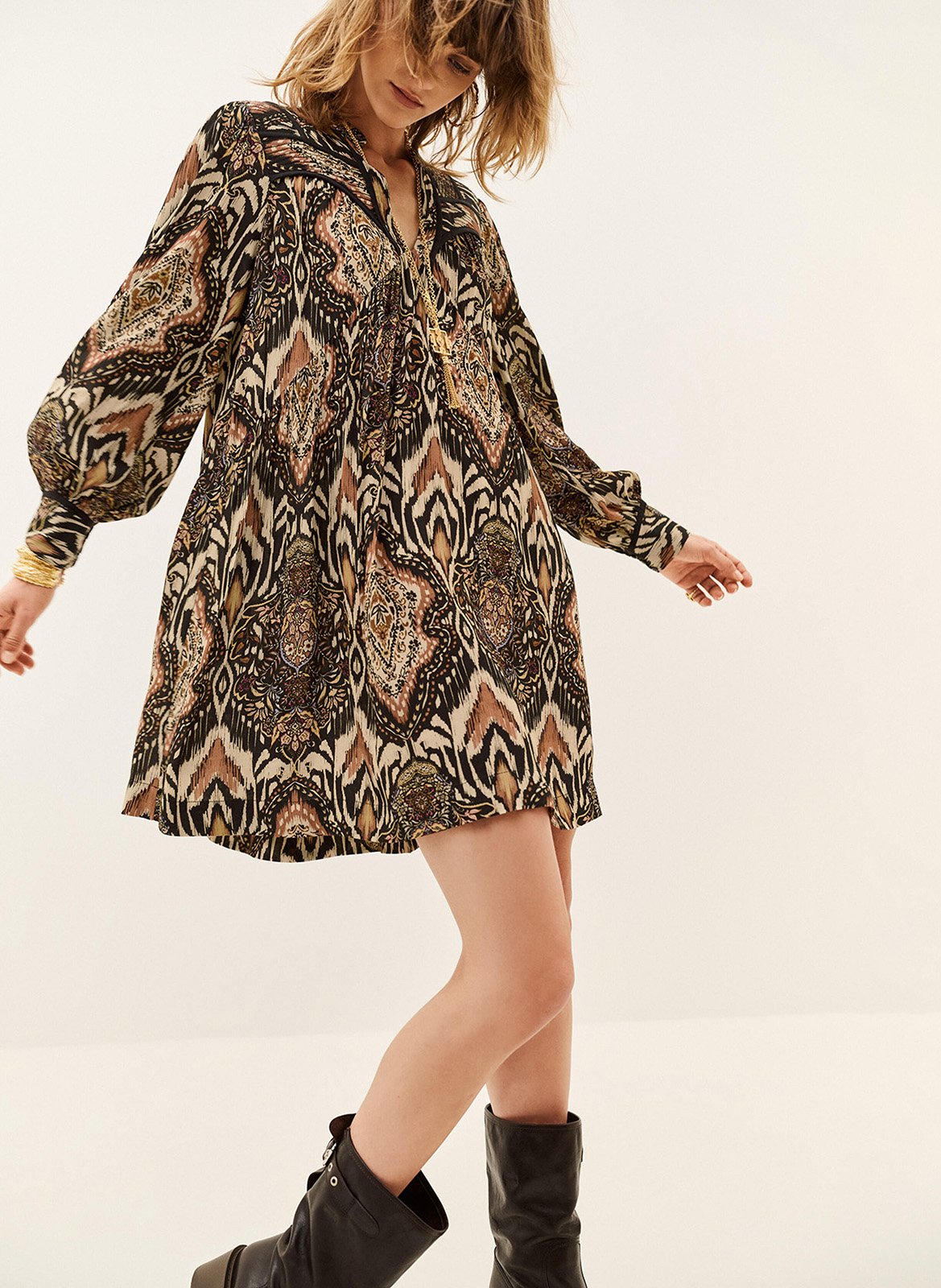 Robe courte col tunisien imprimée zaza BA&SH Noir