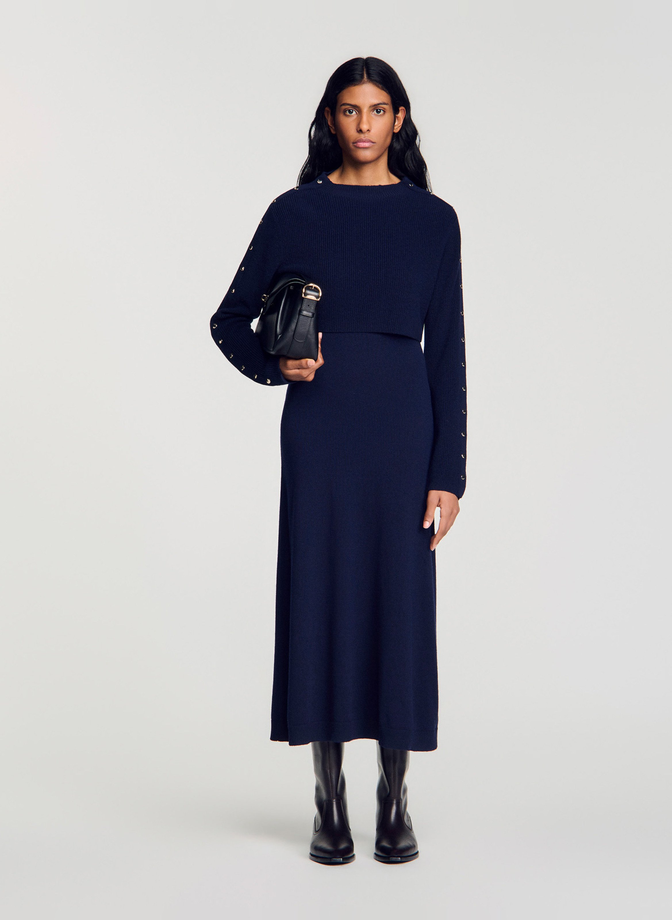 Robe ample col rond en laine et cachemire SANDRO Bleu