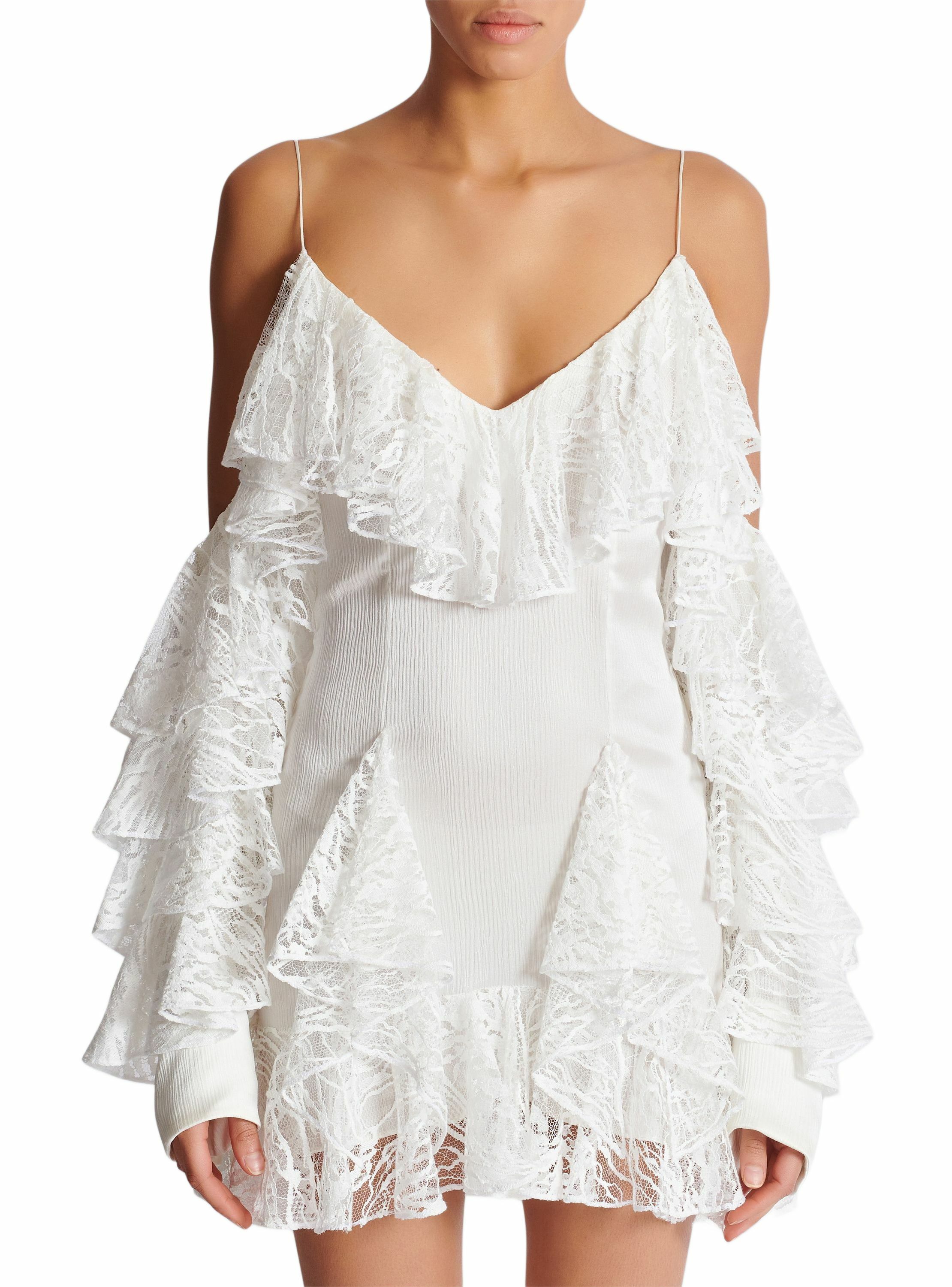 Robe fluide à volants en dentelle BALMAIN Blanc
