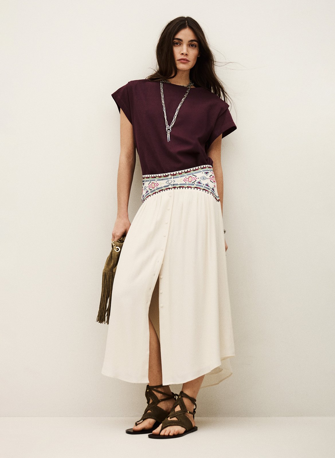 Jupe longue brodée tilana BA&SH Beige