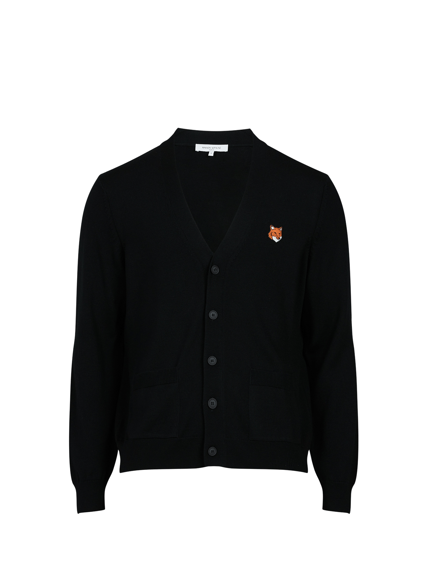 Regular fit cardigan with embroidered Fox Head patch in wool. MAISON KITSUNÉ Black