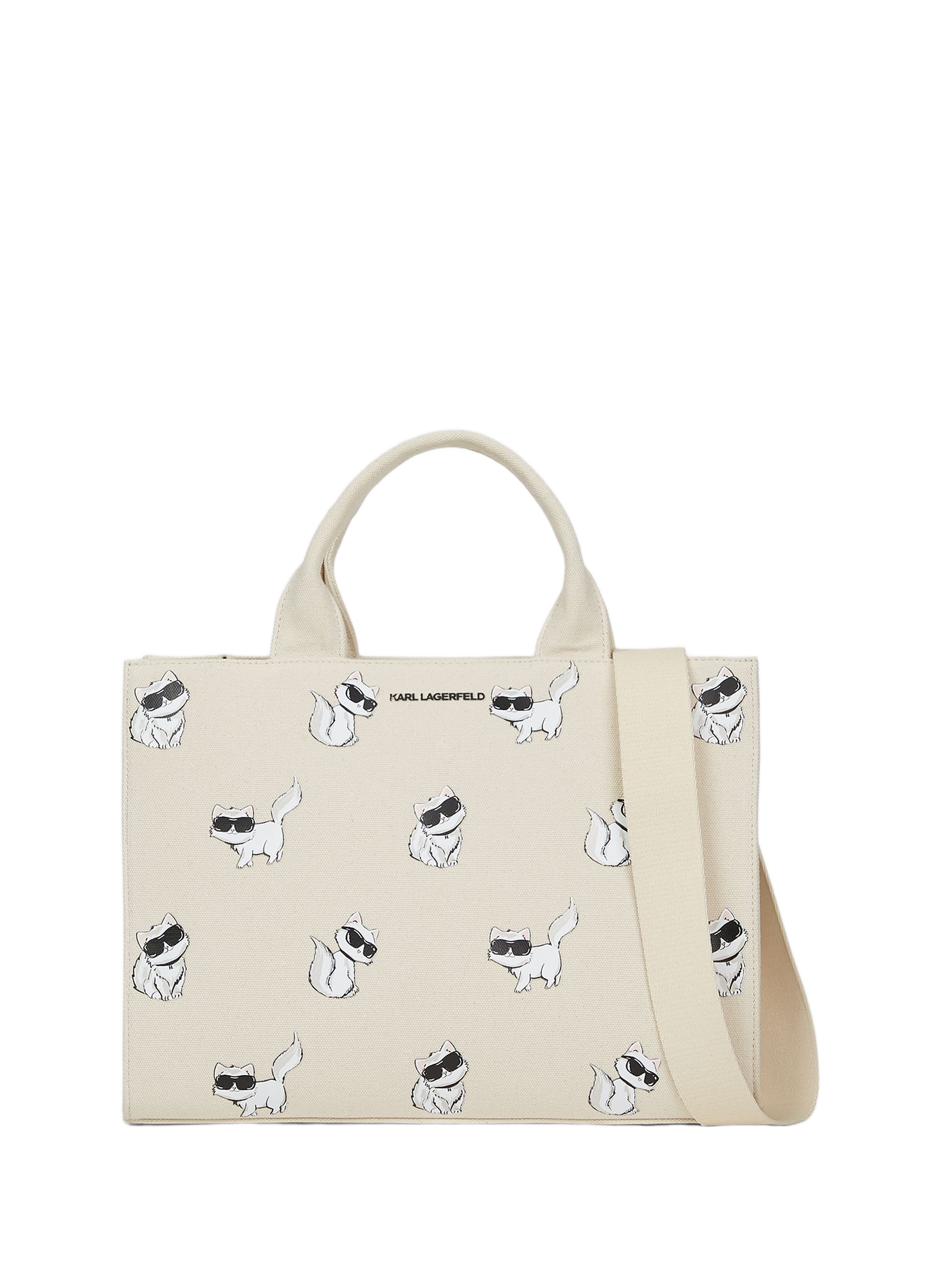 Einkaufstasche aus bedruckter Baumwolle IKON CHOUPETTE MD SQUARE TOTE. KARL LAGERFELD Beige