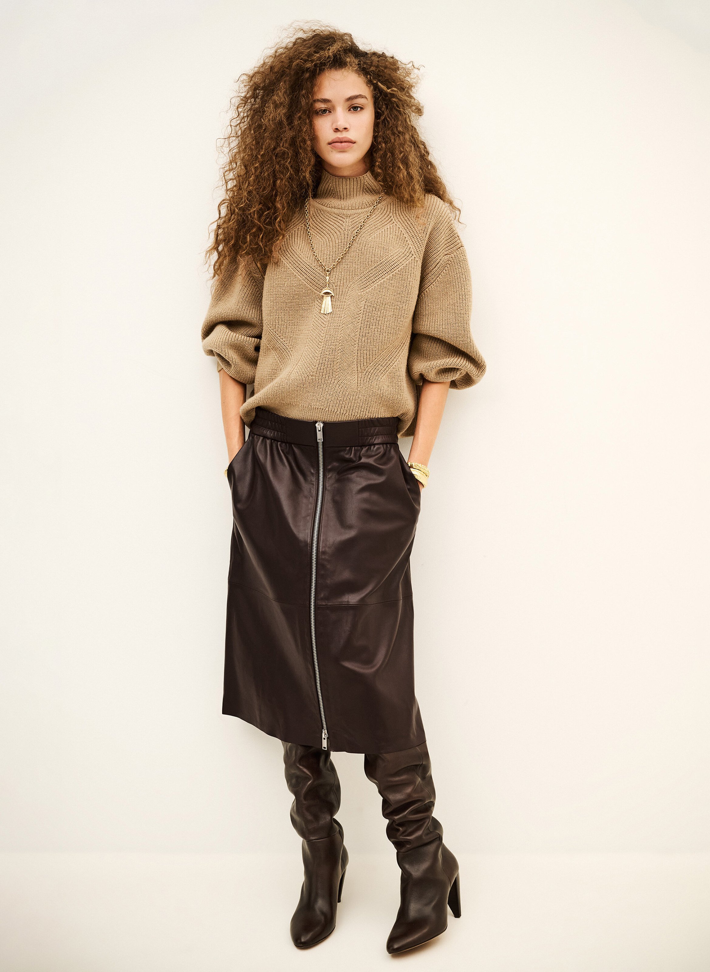 Midi-rok van Pona-leer met ritssluiting BA&SH Paars