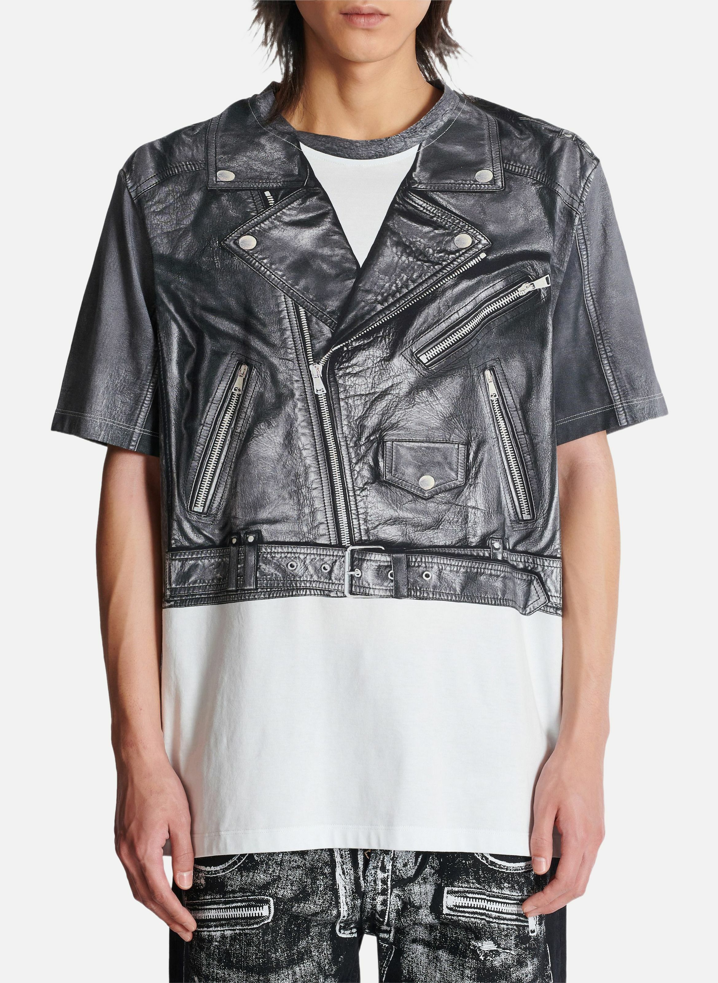 T-shirt imprimé trompe-l’œil veste biker BALMAIN Noir