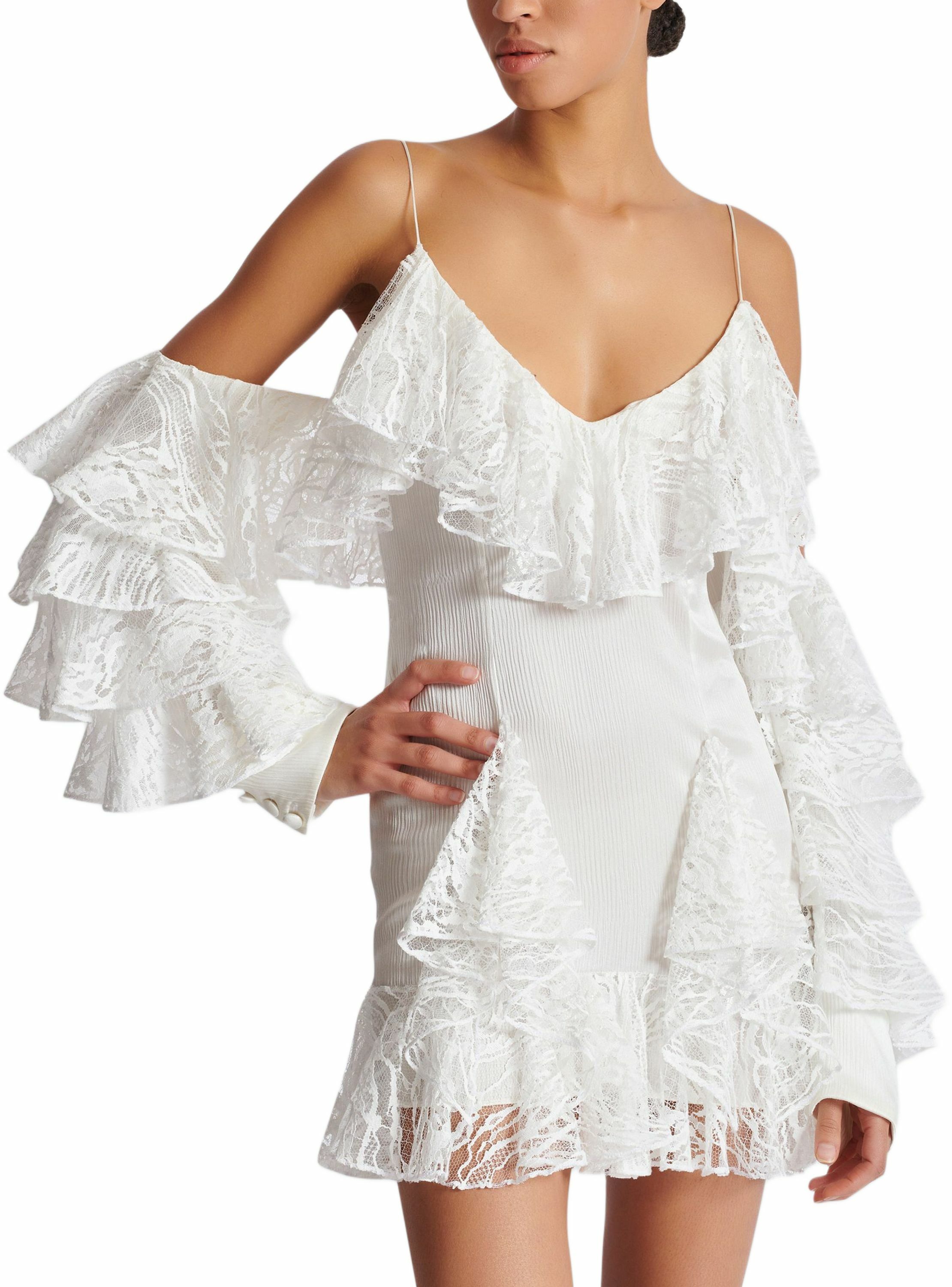Robe fluide à volants en dentelle BALMAIN Blanc