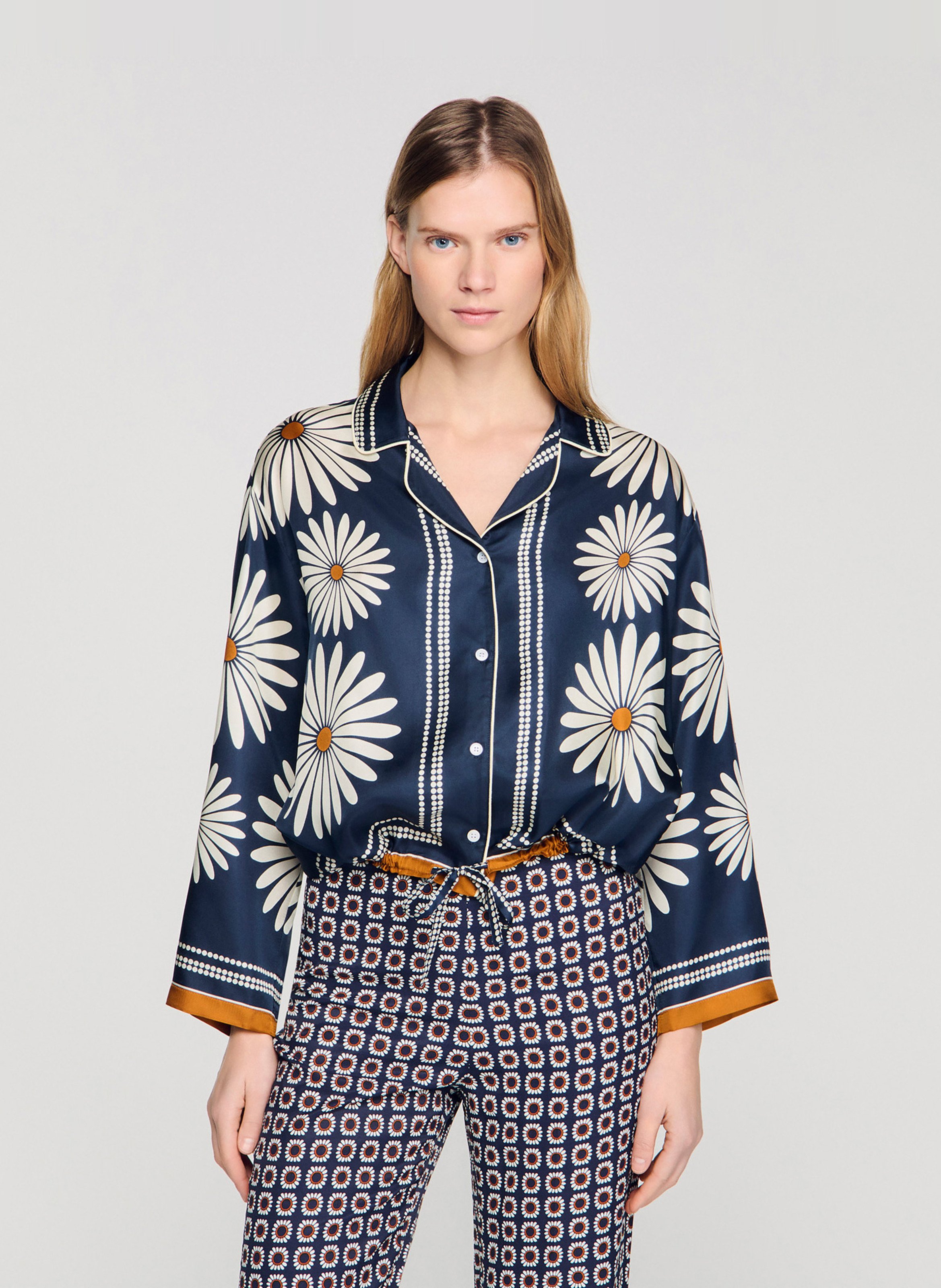 Chemise oversize col tailleur en soie imprimée SANDRO Bleu