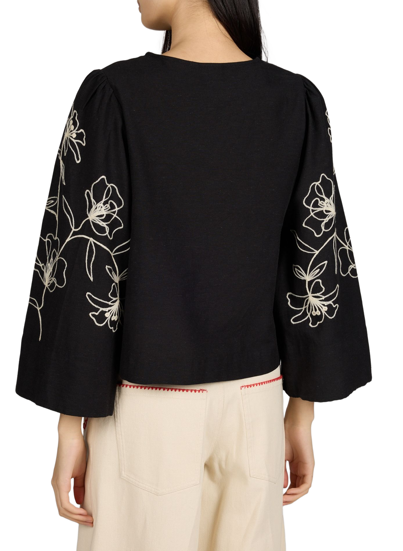 Chemise fleurs brodées sur manches en coton et lin mélangés VILA Noir