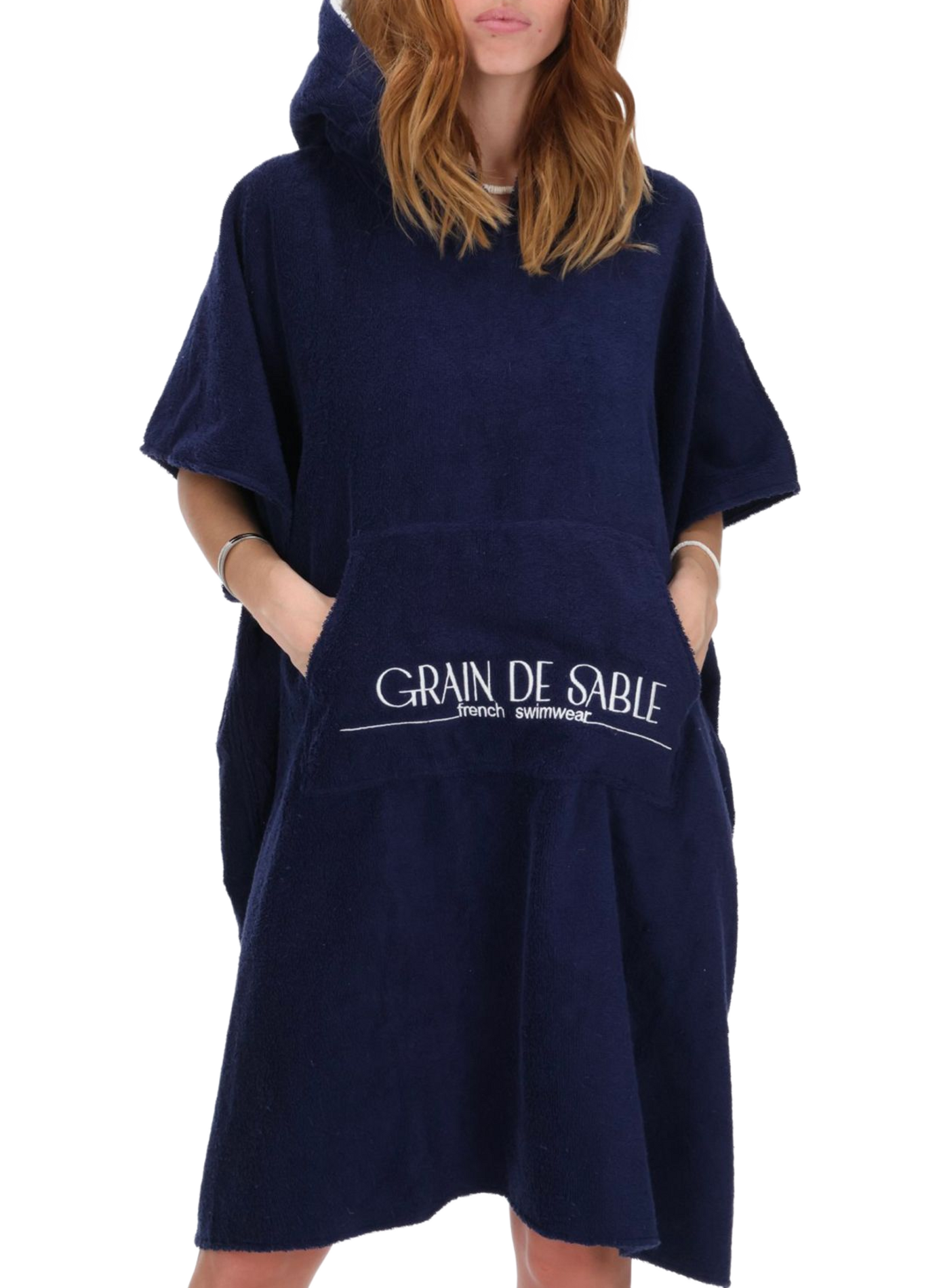 Hooded beach poncho in blended cotton GRAIN DE SABLE Blue