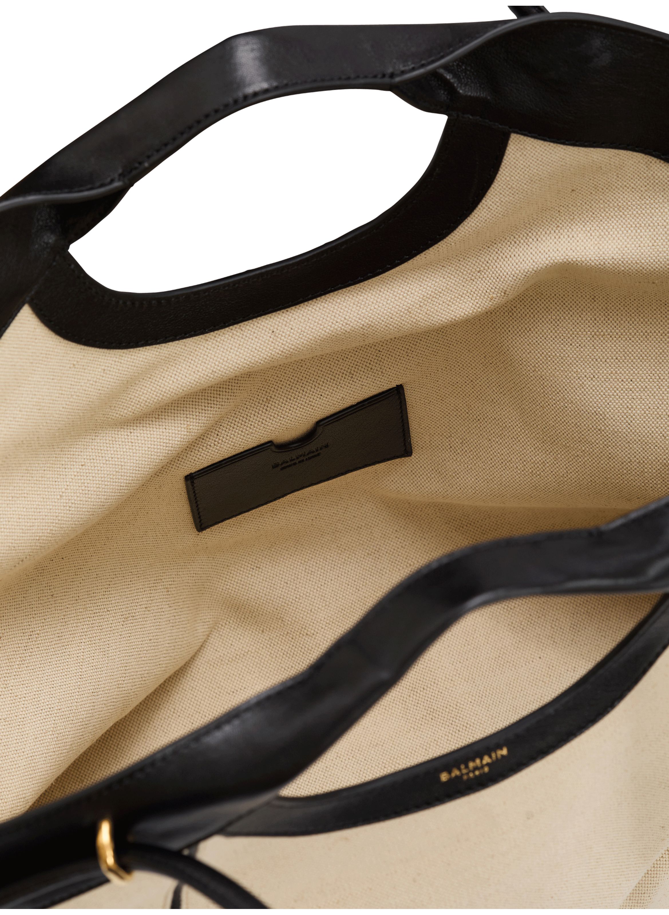 Sac cabas tote large en toile et cuir lisse BALMAIN Beige
