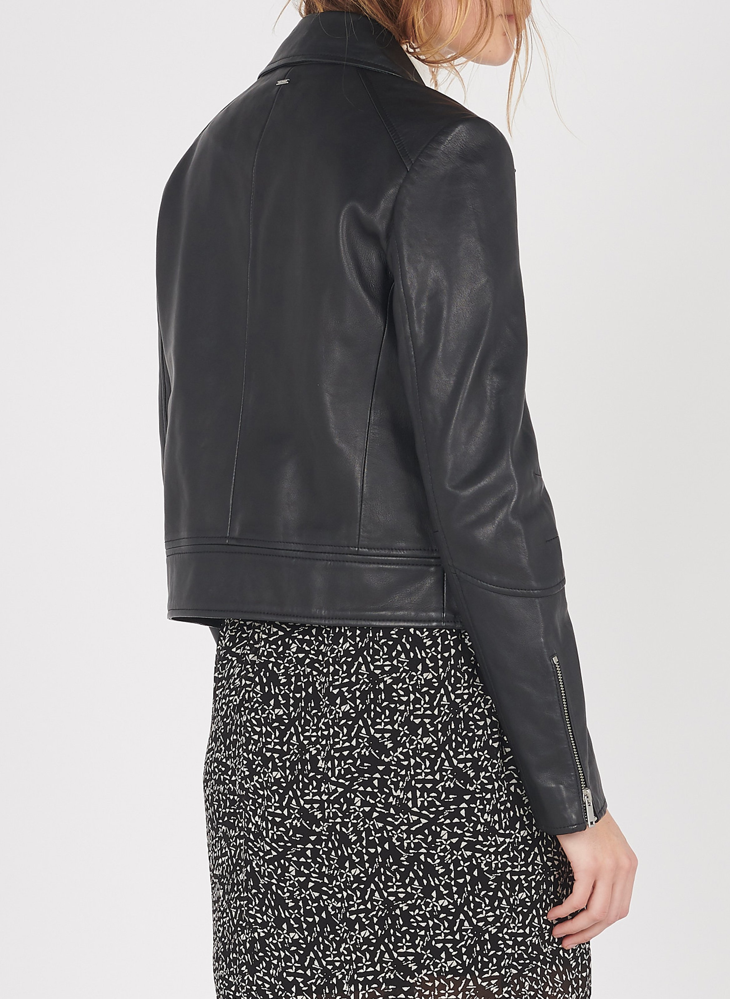 Blouson court zippé en cuir d'agneau IKKS Noir