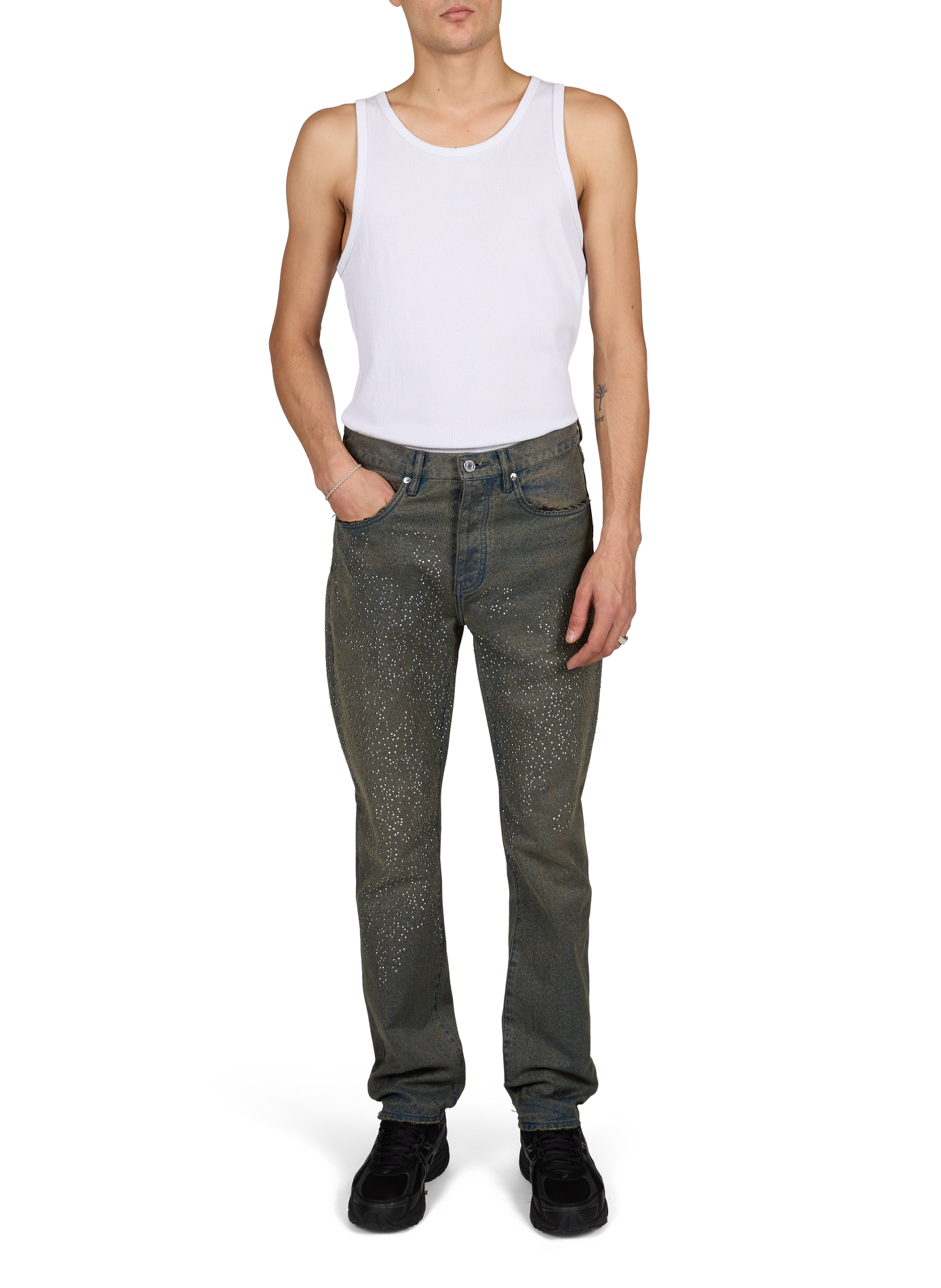 Gerade geschnittene, verwaschene Jeans mit Strasssteinen PURPLE BRAND Blau