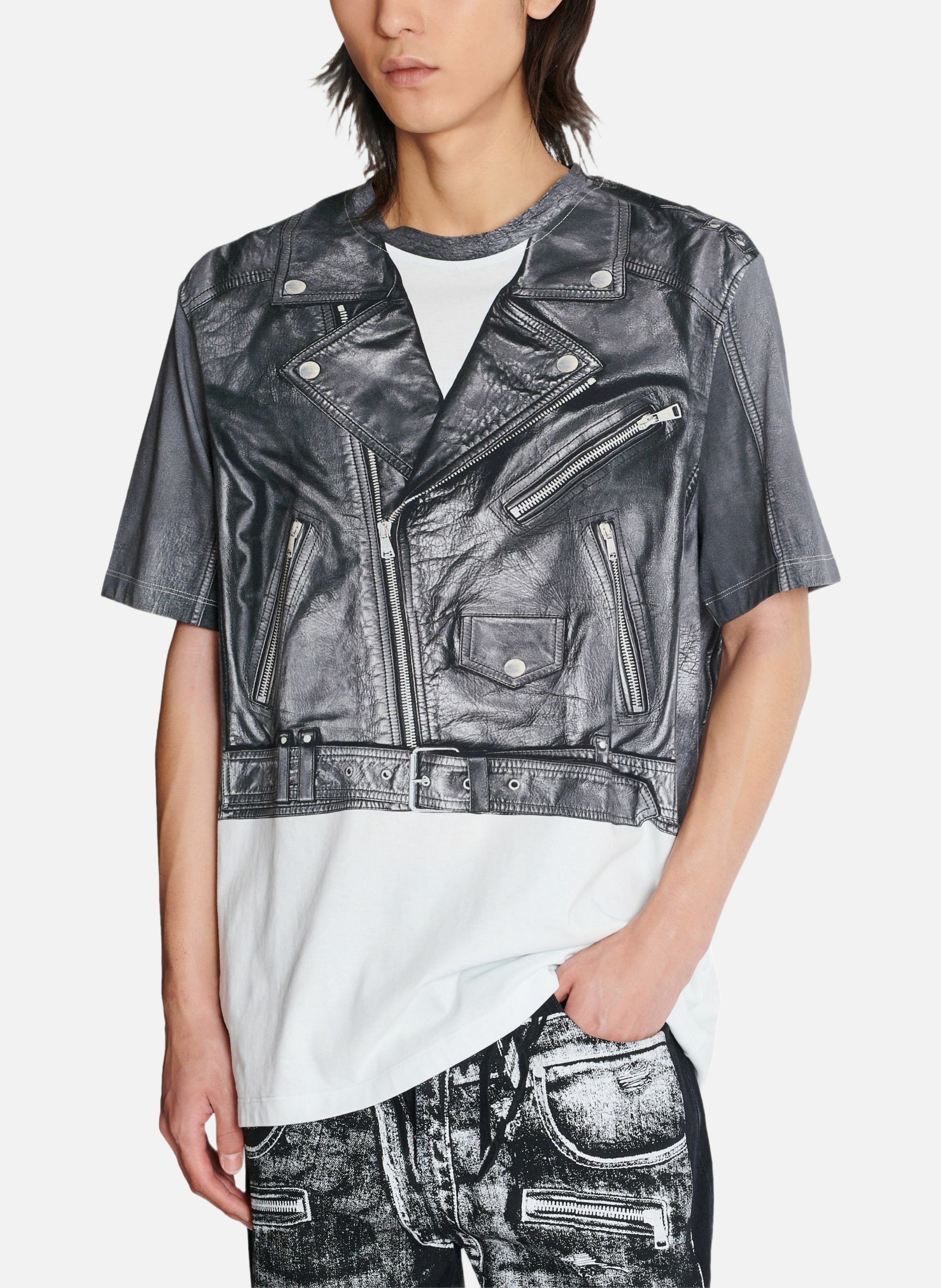 T-shirt imprimé trompe-l’œil veste biker BALMAIN Noir