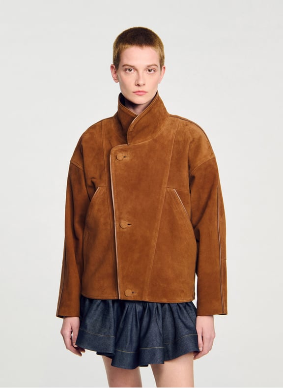 Veste col classique en cuir velours Marron by SANDRO SANDRO Veste col classique en cuir velours Marron