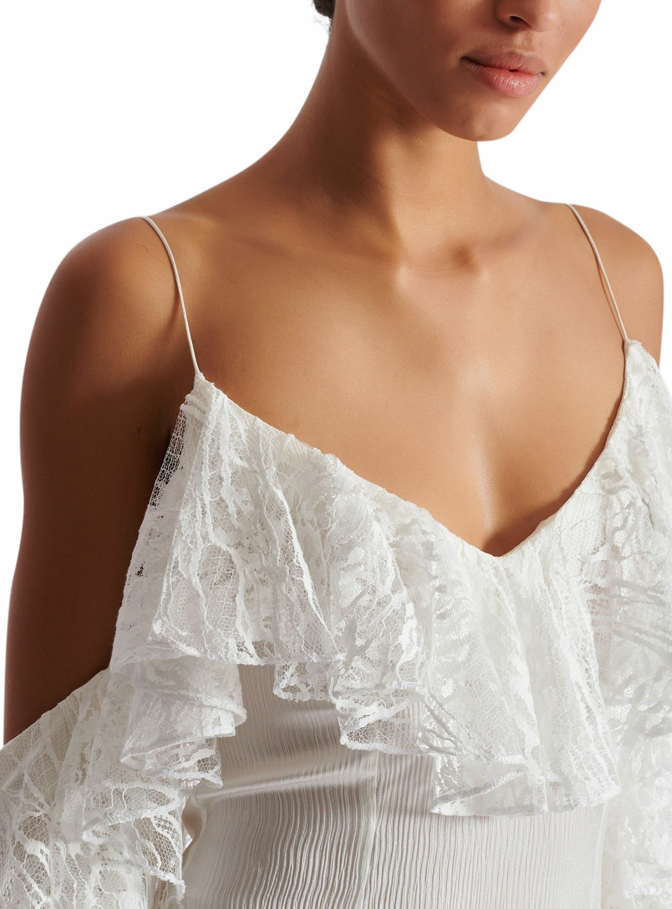 Robe fluide à volants en dentelle BALMAIN Blanc