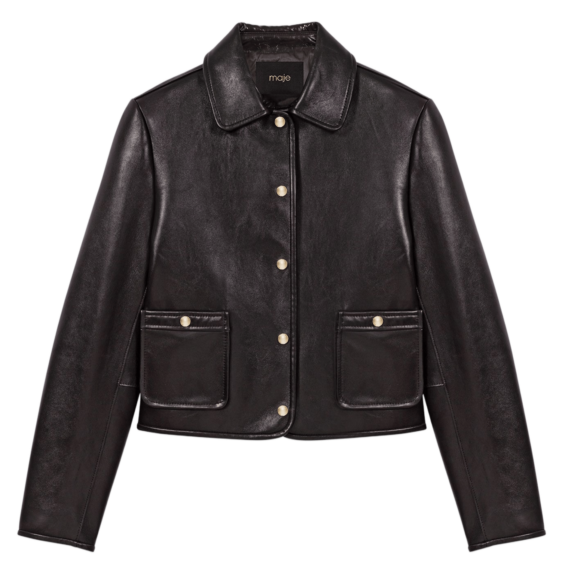 Veste droite en cuir MAJE Noir