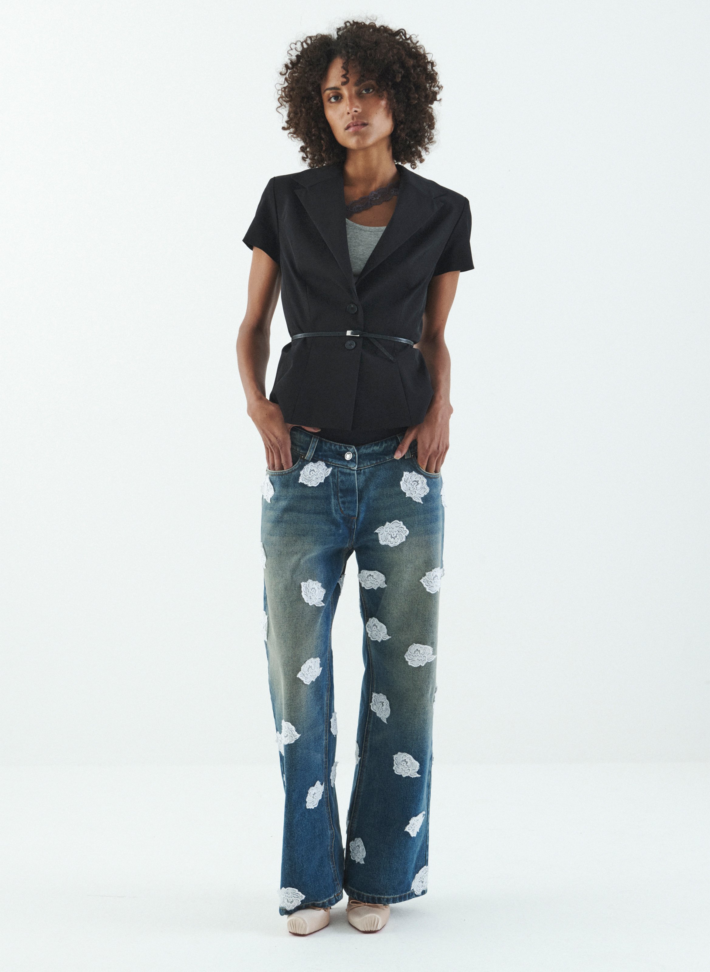 Veste courte cintrée à manches courtes avec ceinture en cuir VAILLANT Noir