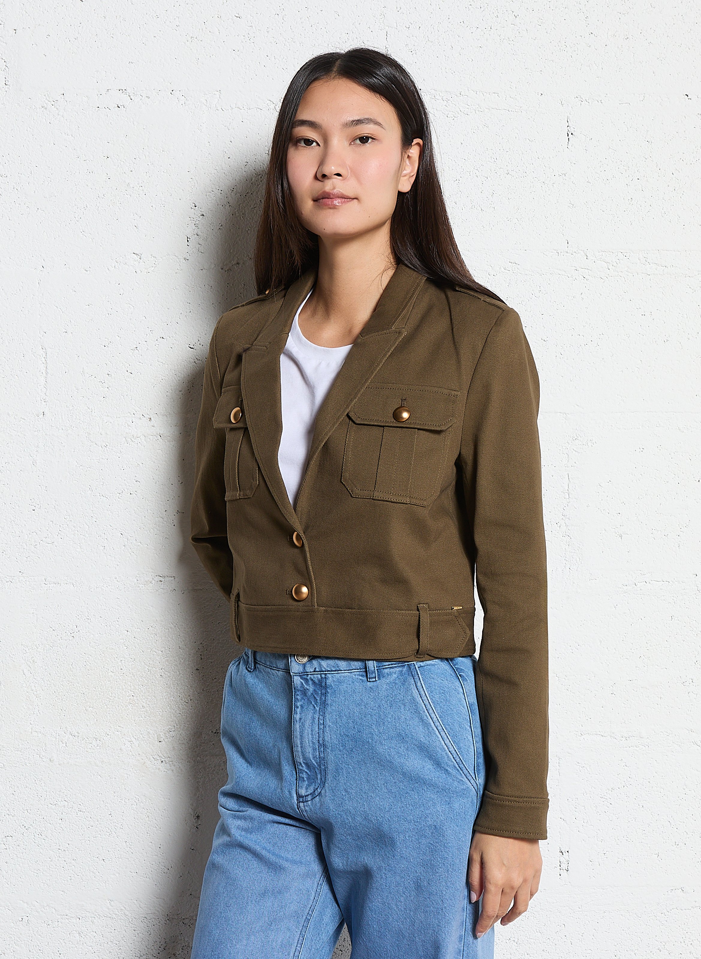 Veste droite col tailleur en coton méangé IKKS Kaki