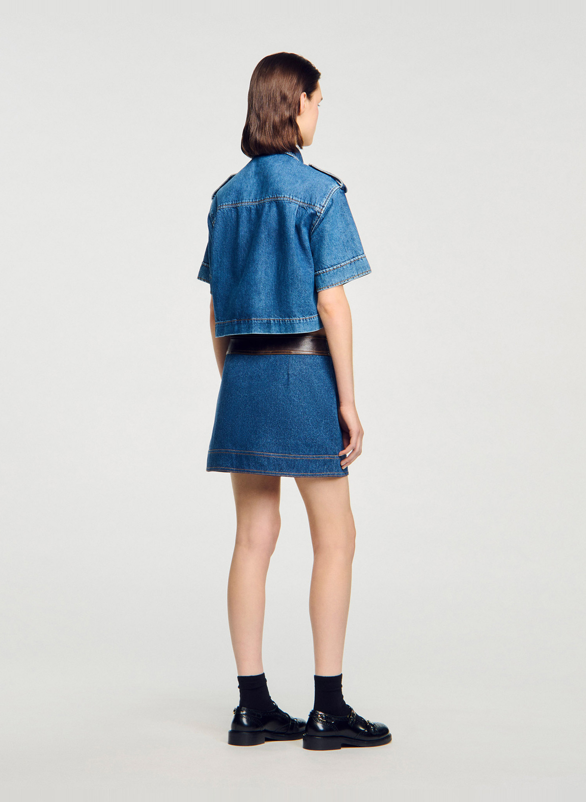 Jupe courte en denim de coton SANDRO Bleu