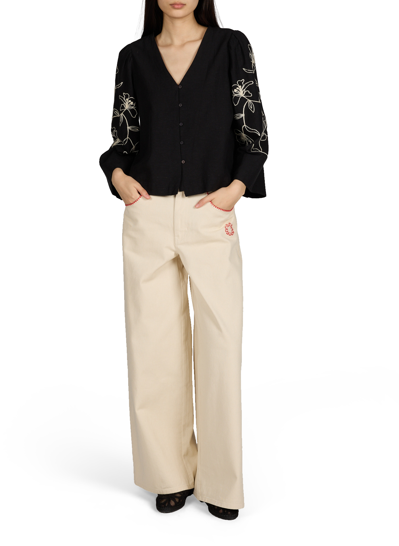 Chemise fleurs brodées sur manches en coton et lin mélangés VILA Noir