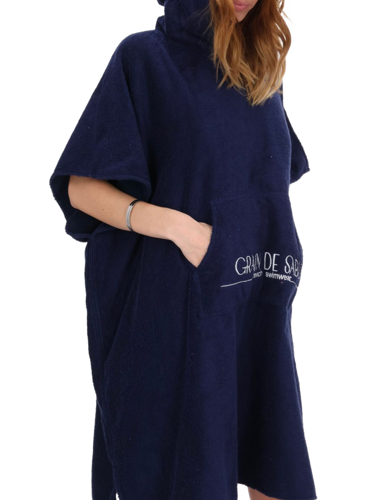 Hooded beach poncho in blended cotton GRAIN DE SABLE Blue