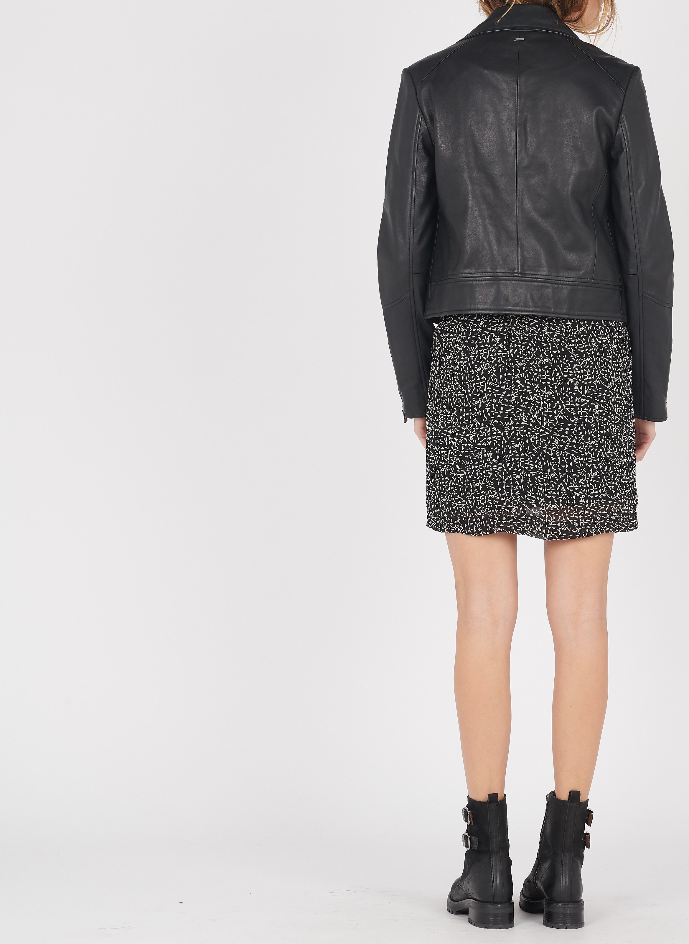Blouson court zippé en cuir d'agneau IKKS Noir